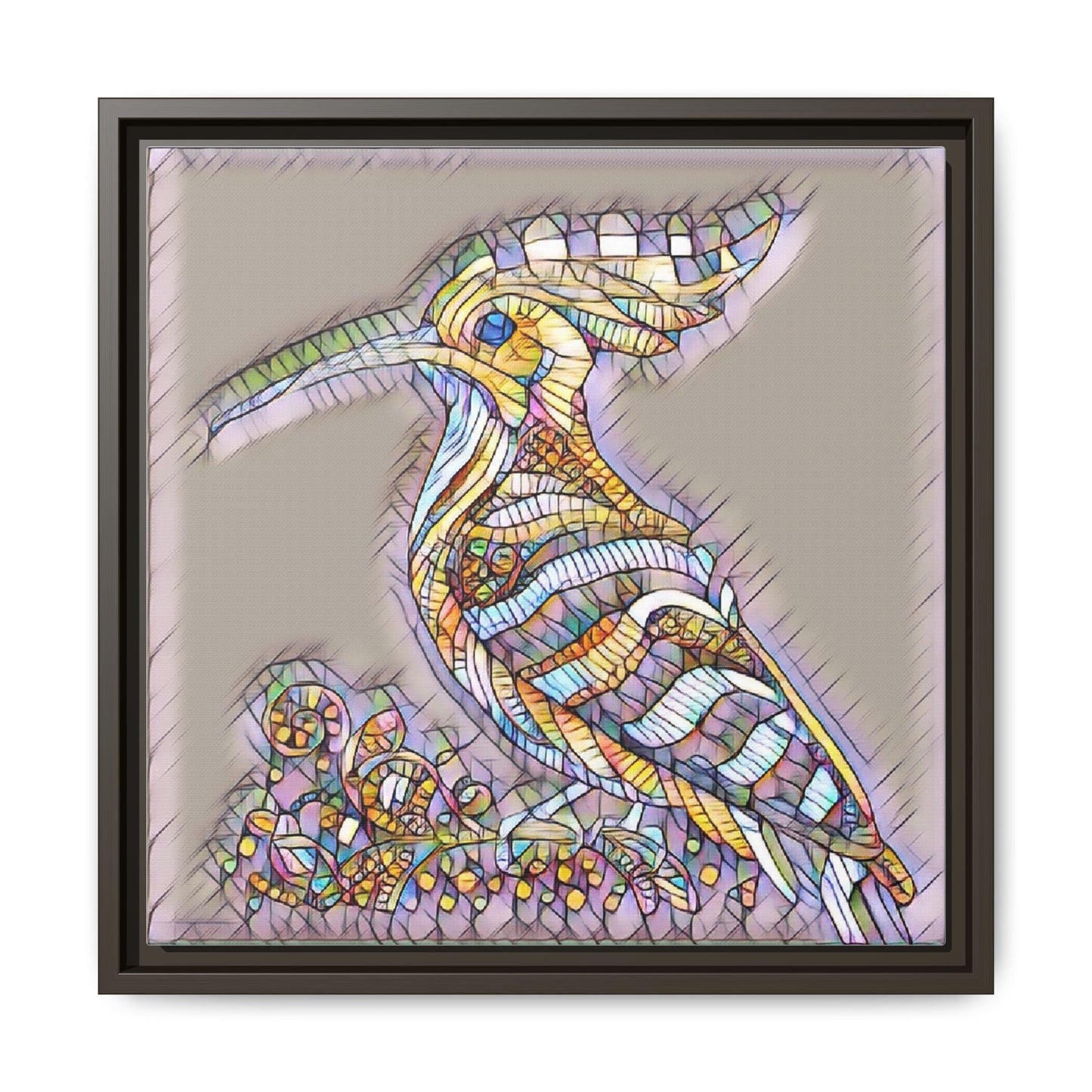 Colorful Mosaic Bird Framed Canvas Art — Whimsical Hoopoe Wall Decor