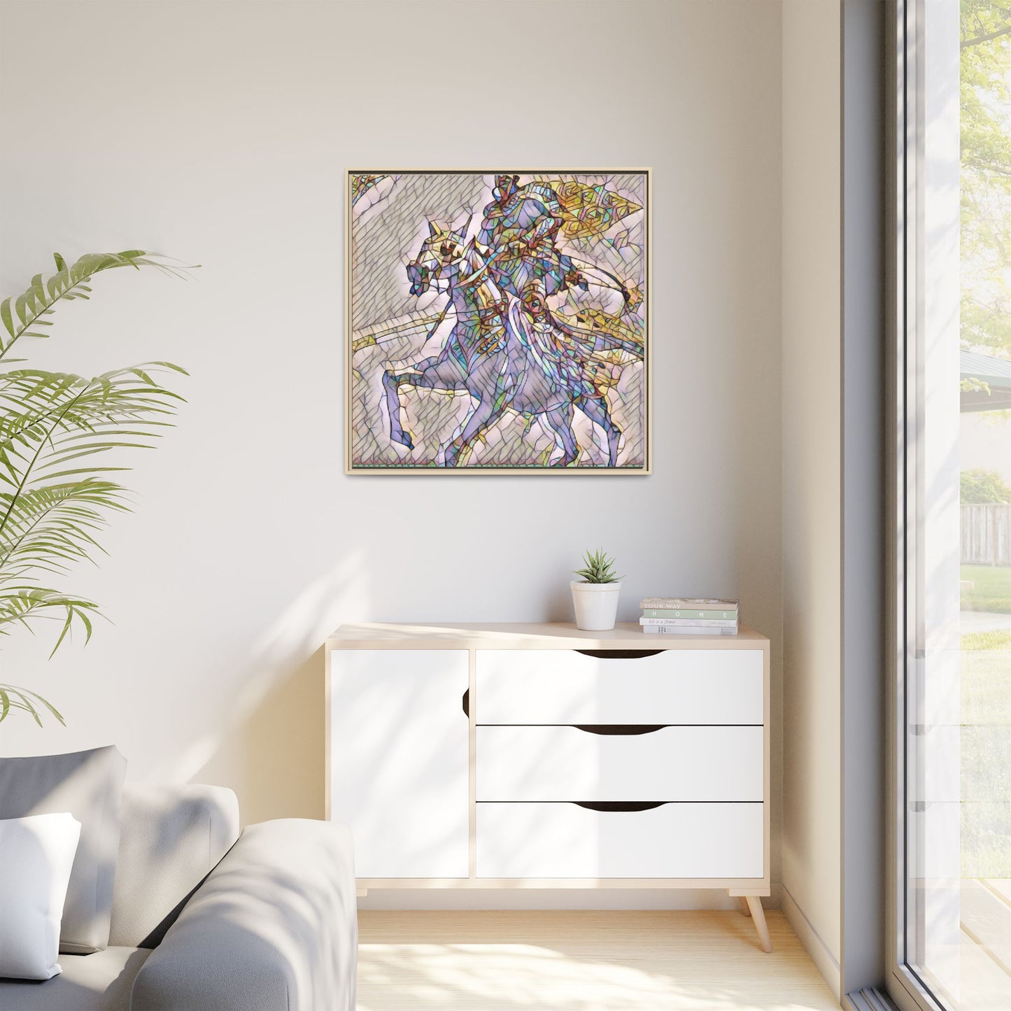 Framed Matte Canvas Art — Stained Glass Knight on Horse Fantasy Wall Decor