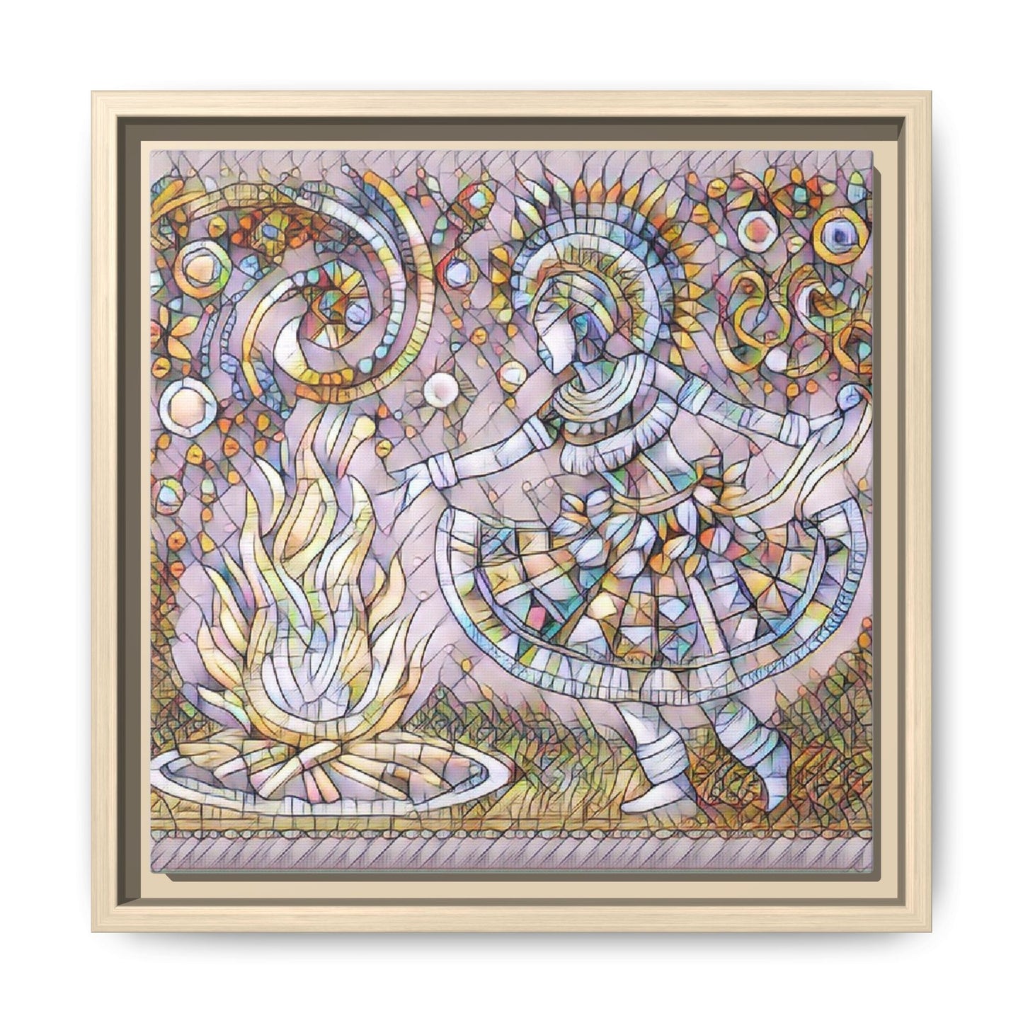 Bohemian Fire Dancer Framed Canvas Art — Colorful Folk Mosaic Wall Decor
