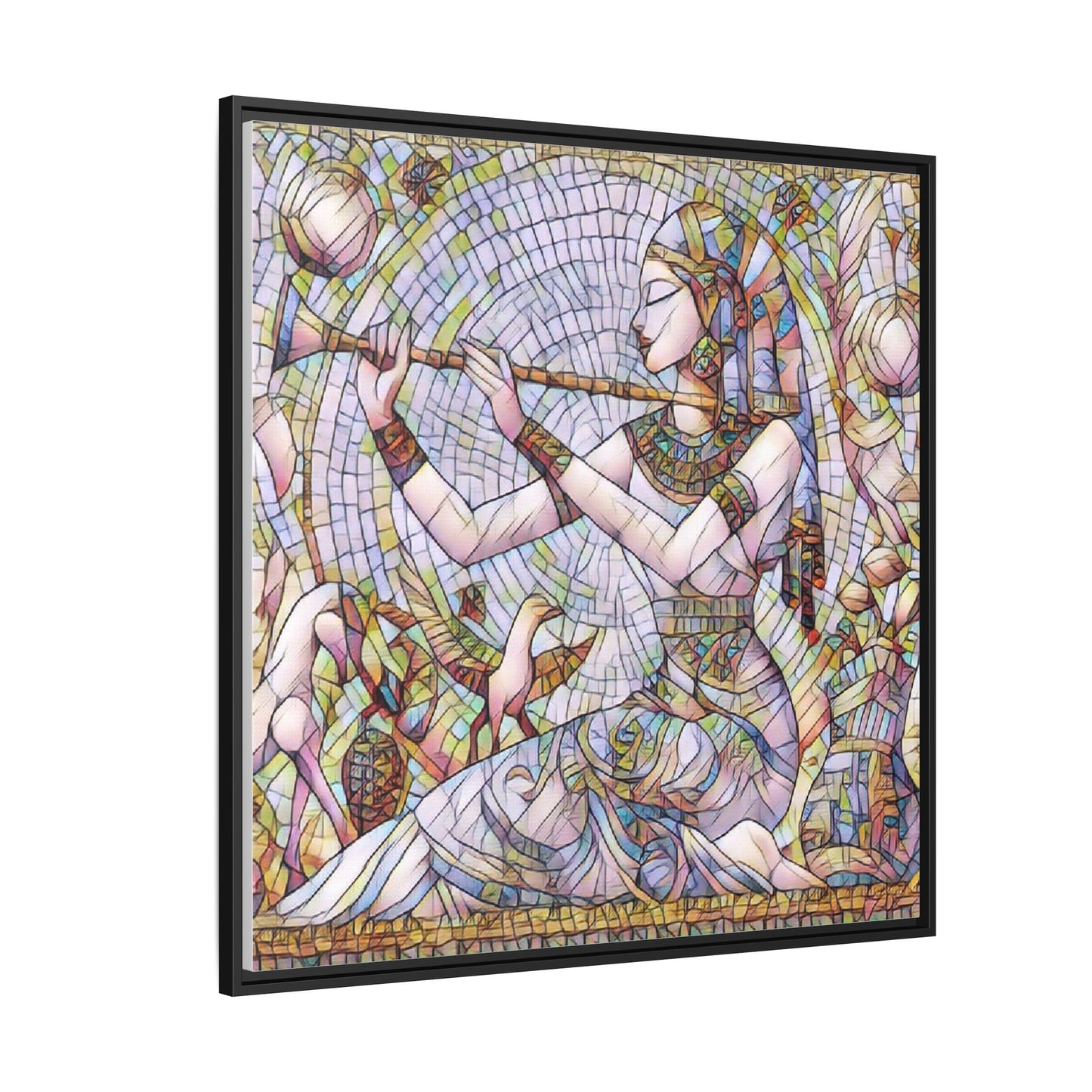 Egyptian Flute Player Framed Canvas Art — Colorful Mosaic Wall Decor