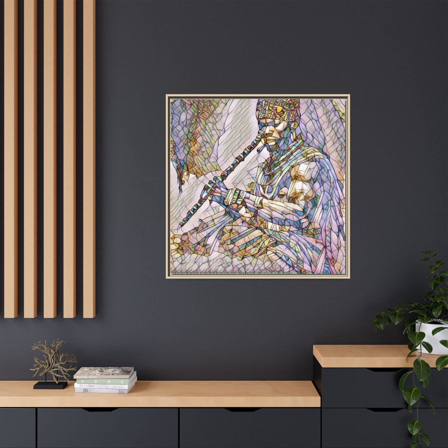 Tribal Flute Musician Stained-Glass Framed Canvas Art