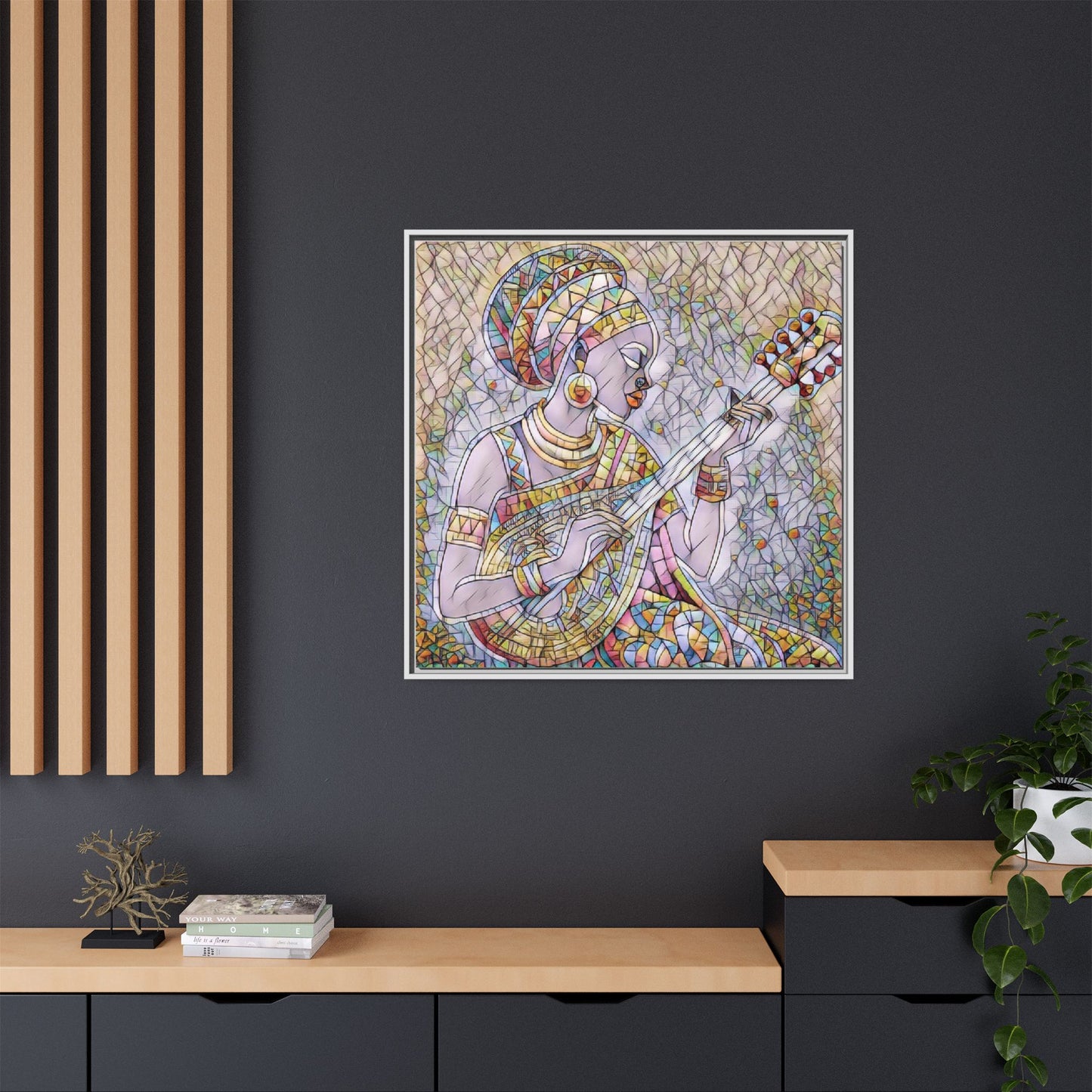 Framed Canvas Art — Colorful African Woman Playing Lute (Matte Multi‑Color)
