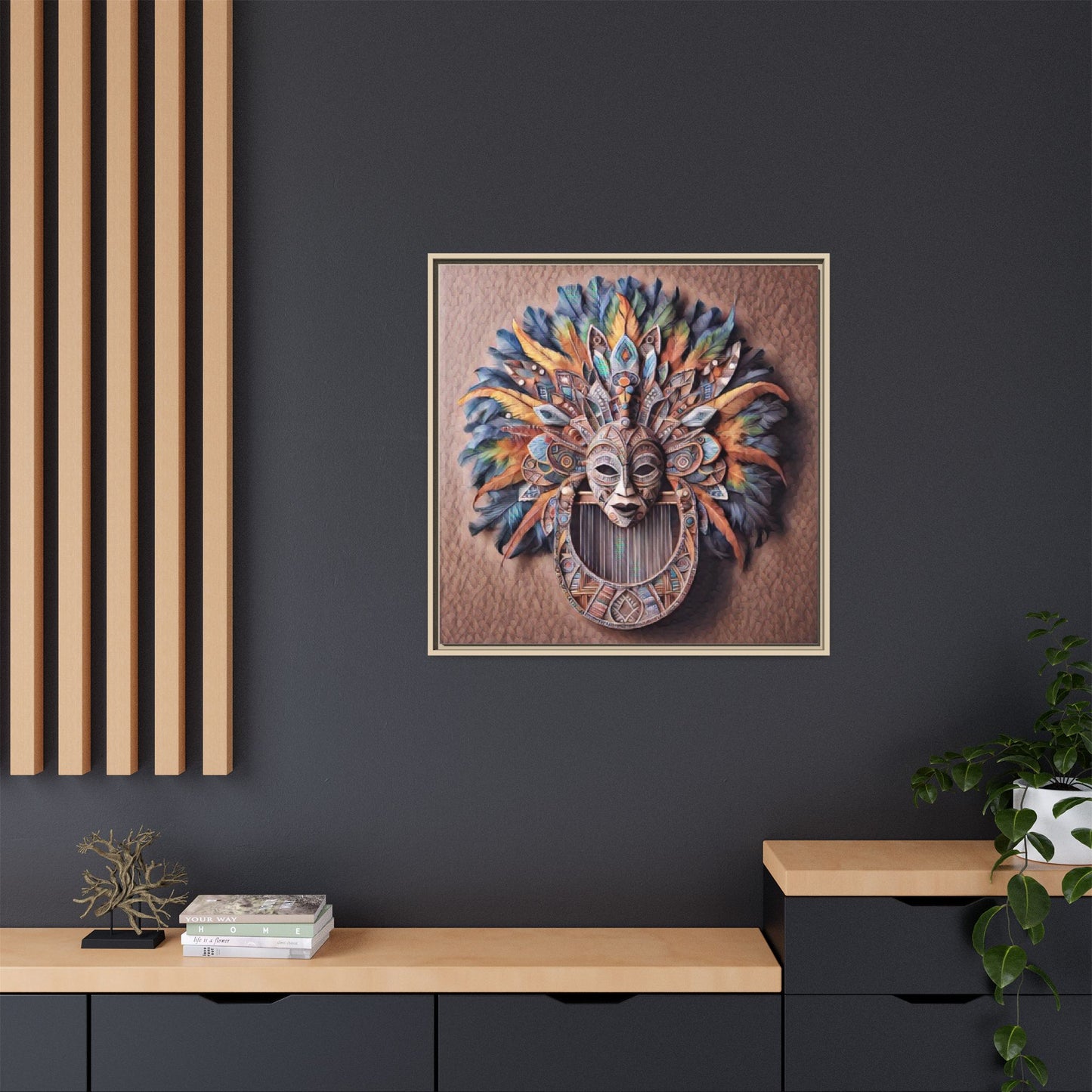 Tribal Feather Mask Framed Canvas Wall Art — Colorful Boho Decorative Print