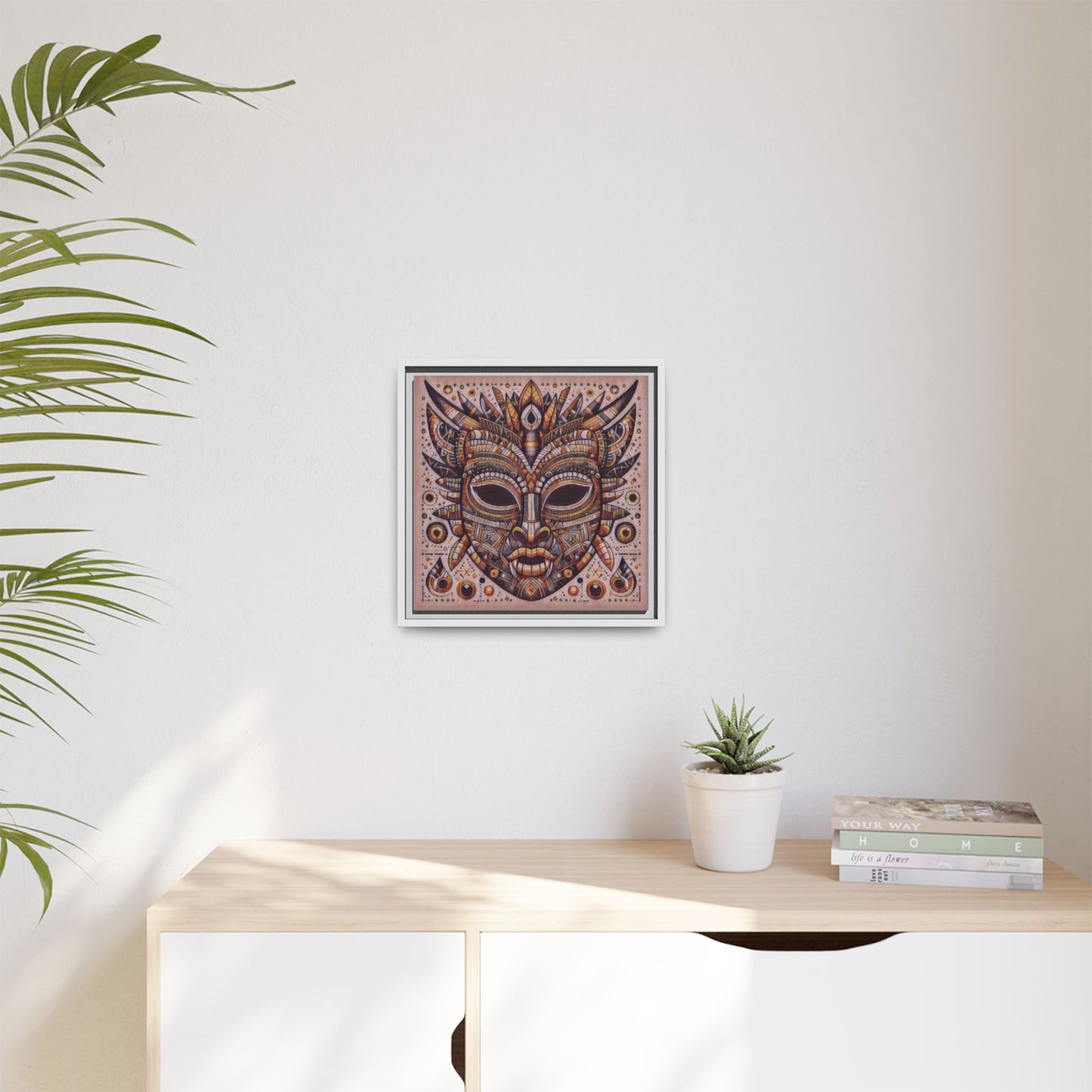 Tribal Mask Framed Canvas Art — Multicolor Matte Wall Decor
