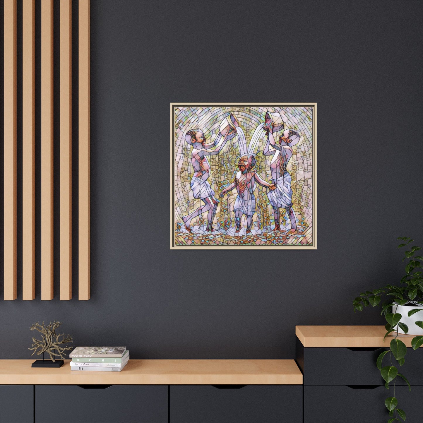 Framed Matte Canvas Art – Joyful Water Dance Family Stained-Glass Print