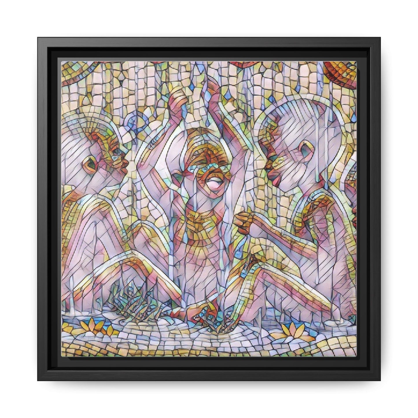 Framed Matte Canvas Art — Mosaic Children Playing (Multicolor)