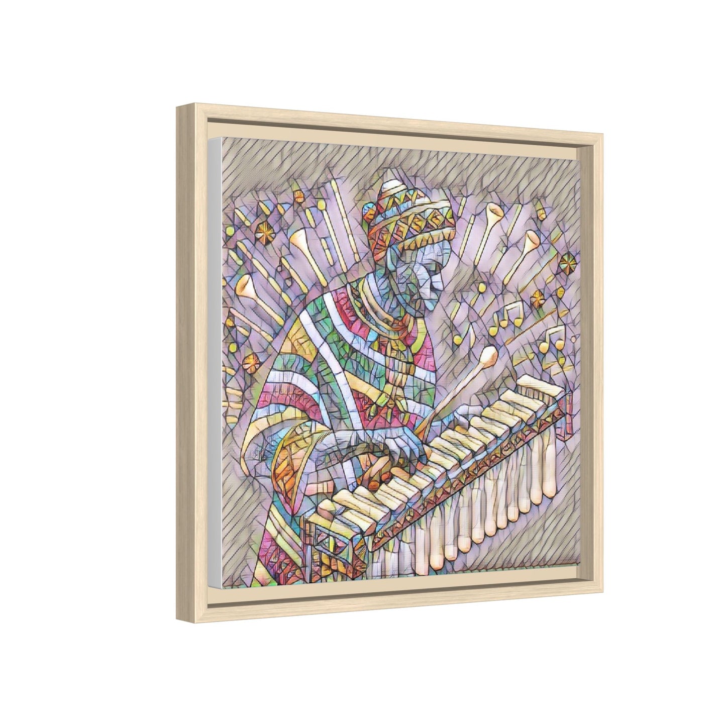 Colorful Marimba Musician Matte Framed Canvas — Vibrant African Instrument Wall Art