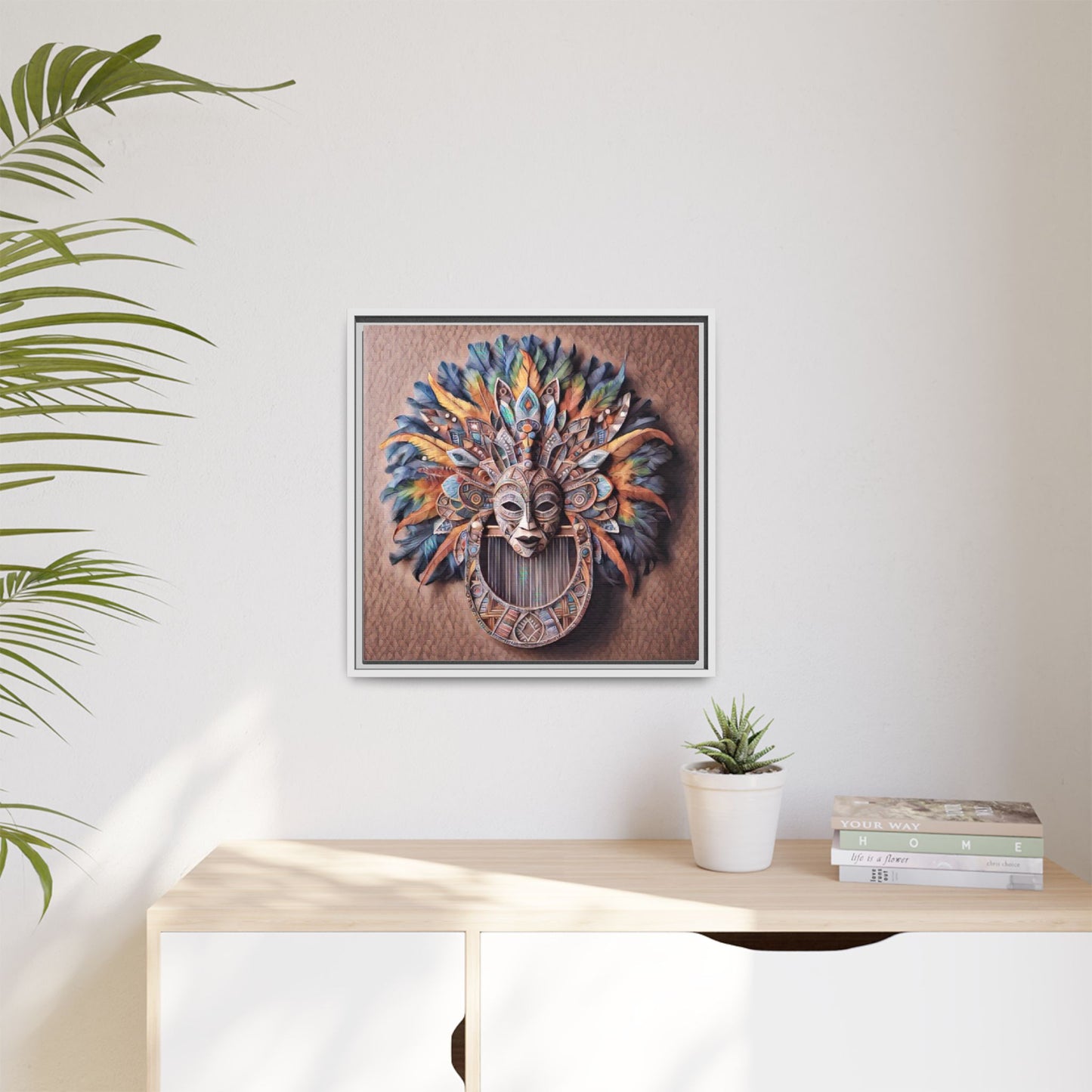 Tribal Feather Mask Framed Canvas Wall Art — Colorful Boho Decorative Print