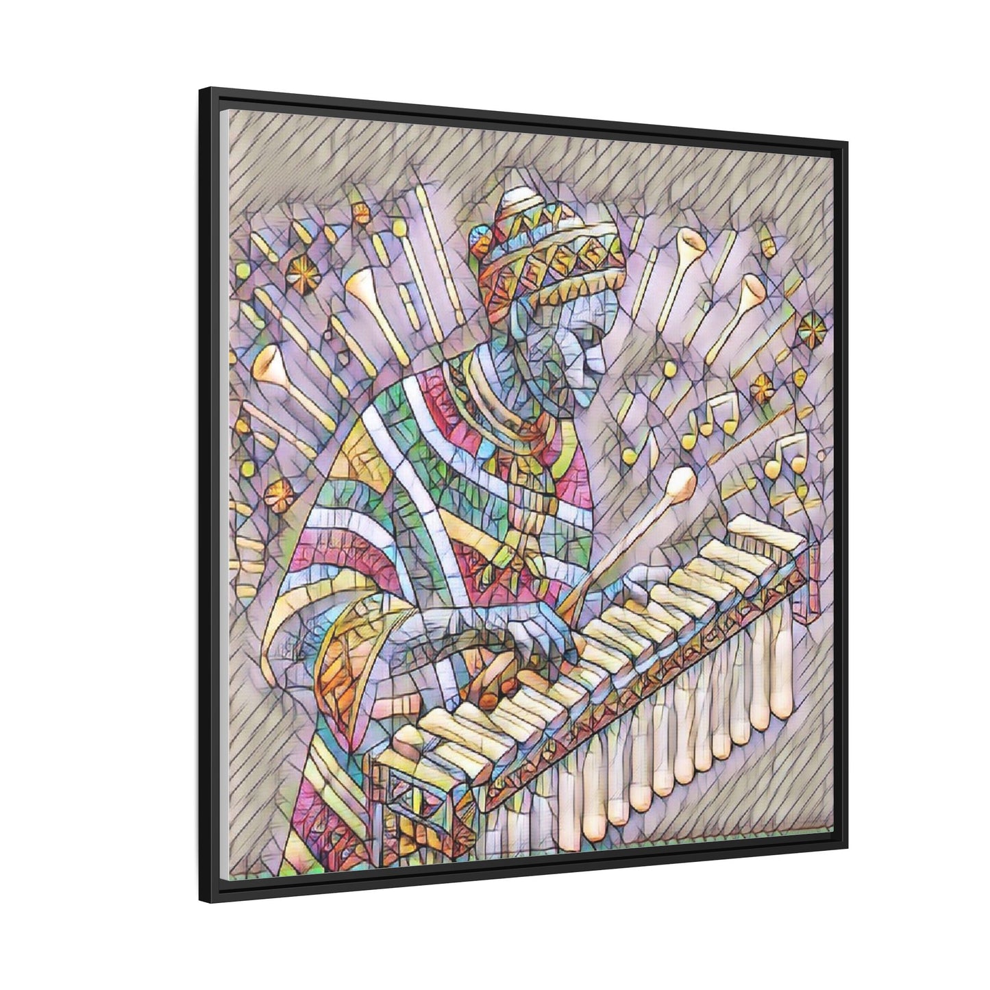 Colorful Marimba Musician Matte Framed Canvas — Vibrant African Instrument Wall Art