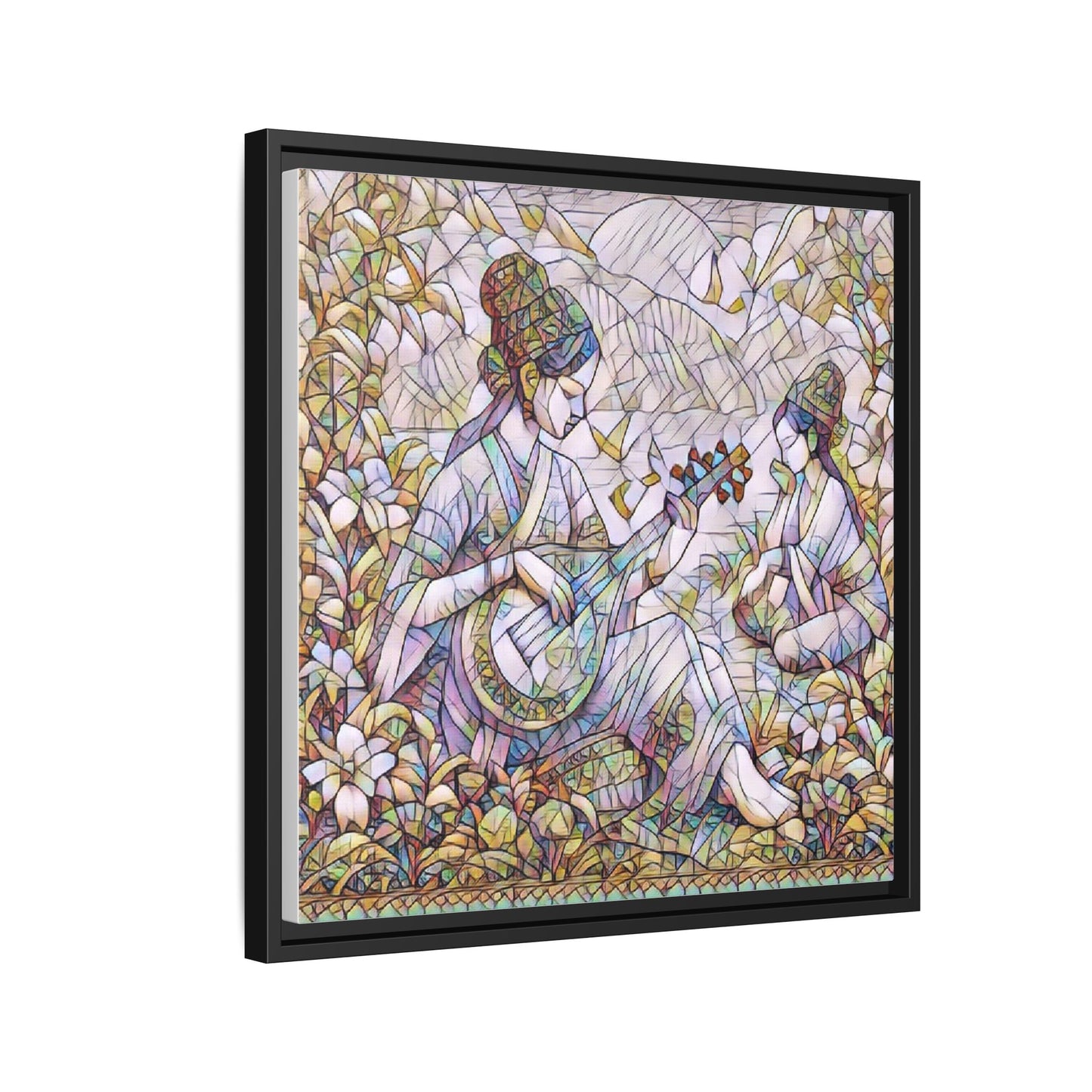 Framed Matte Canvas Art - Vintage Asian Musicians Floral Illustration