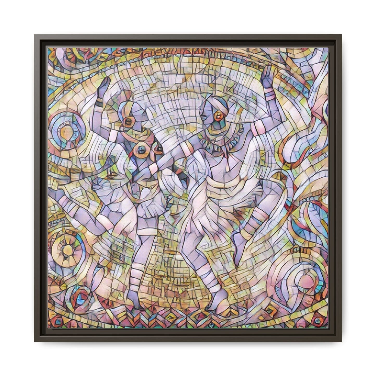 Abstract Dancers Matte Framed Canvas Wall Art — Multi‑Color Stained Glass Style
