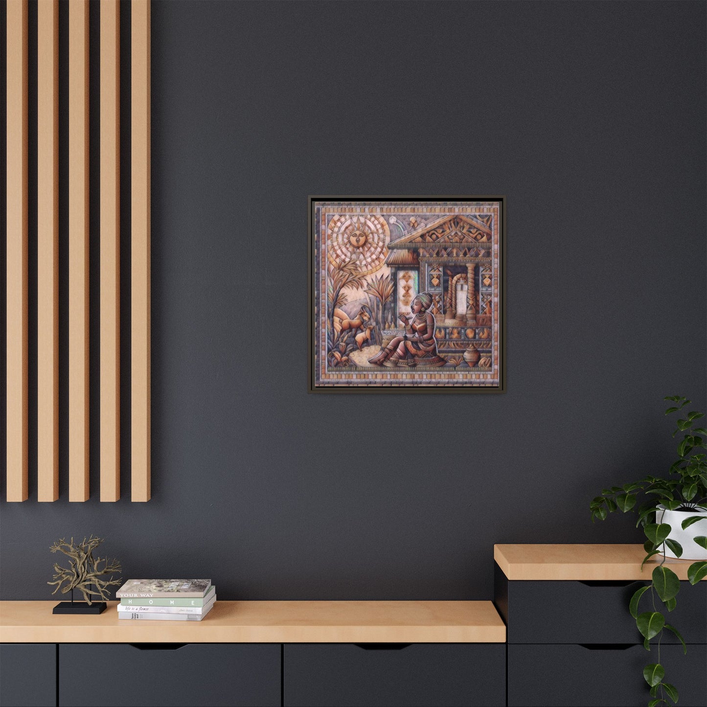Egyptian Goddess Mosaic Framed Canvas Art — Colorful Ancient Ritual Wall Decor
