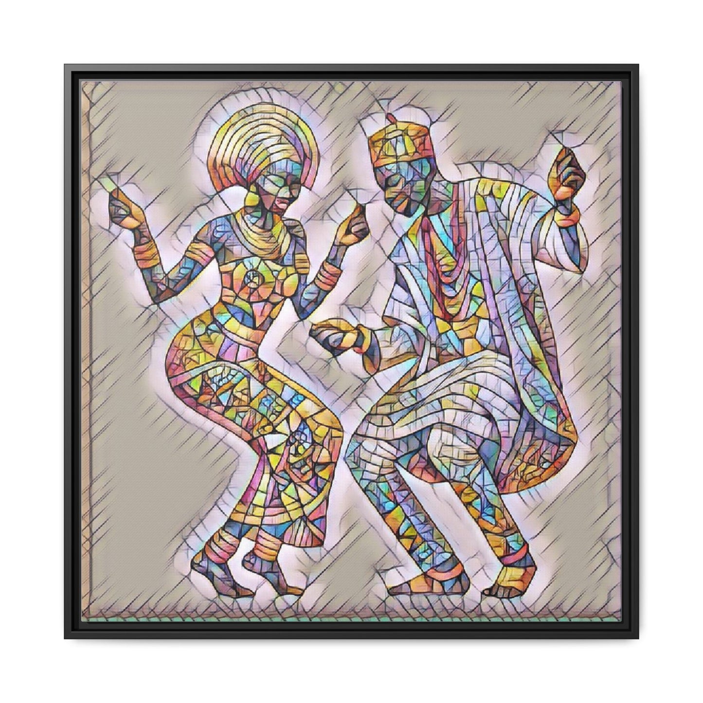 Afrobeat Dancers Framed Canvas Art — Colorful Mosaic African Dance Print