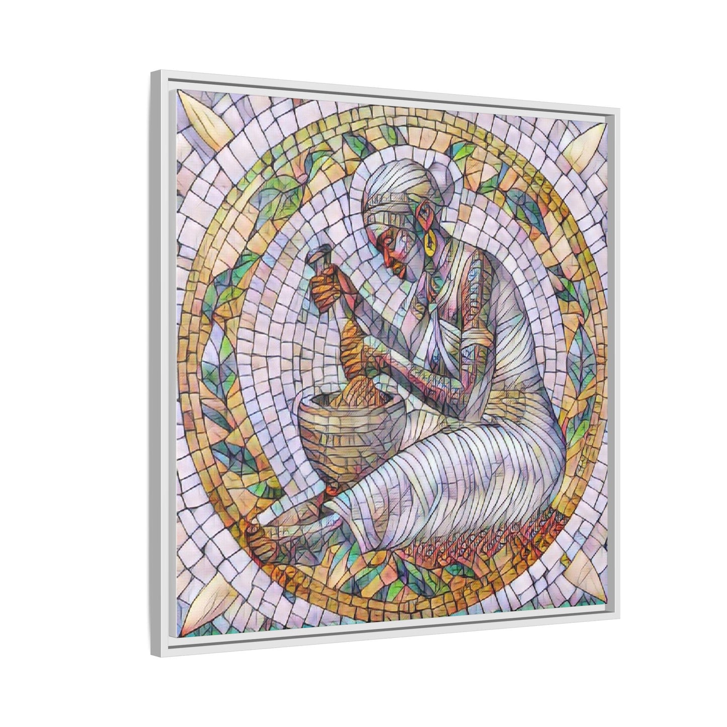 Framed Mosaic Art Print — Woman Grinding Grain (Matte Canvas)