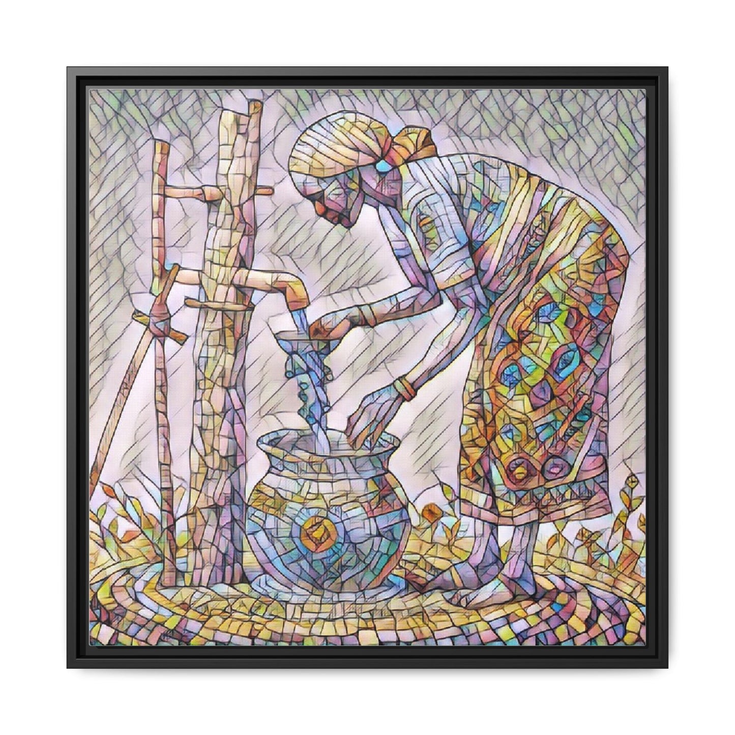Framed Matte Canvas Art — Colorful Mosaic Woman at Well
