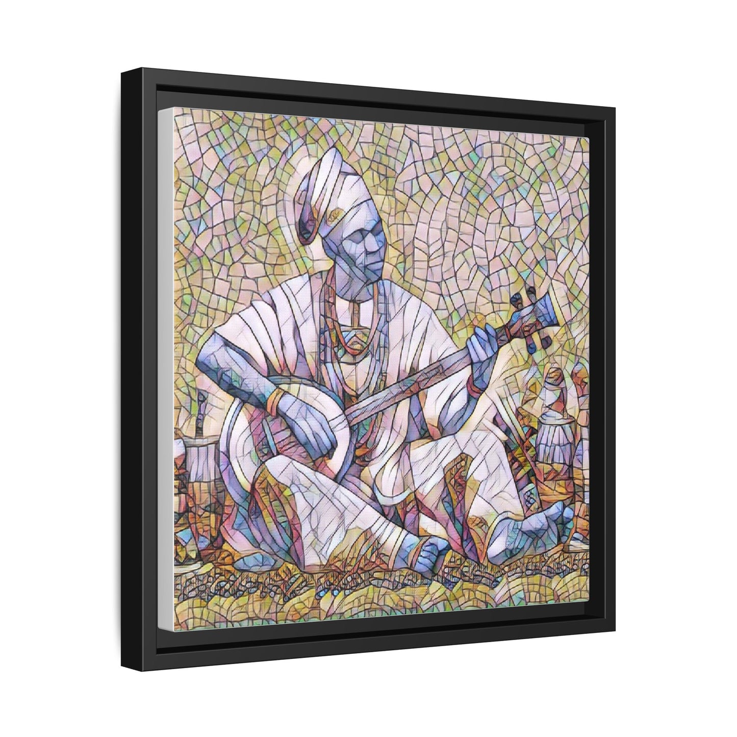 Framed Mosaic Musician Canvas Art — African Griot with Kora