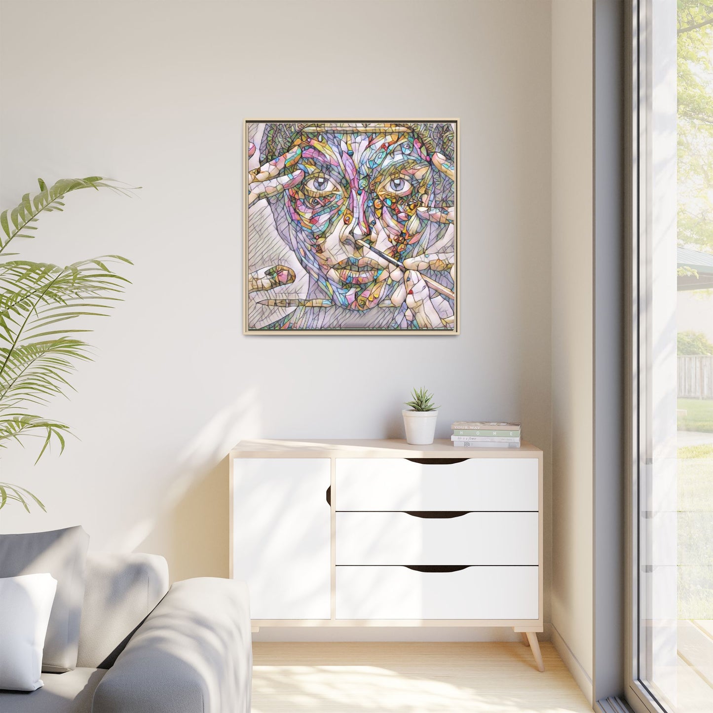 Framed Abstract Mosaic Face Canvas — Colorful Modern Wall Art