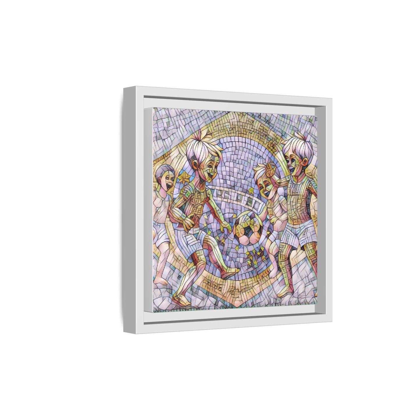 Framed Matte Canvas – Vintage Mosaic Kids Playing Soccer Art