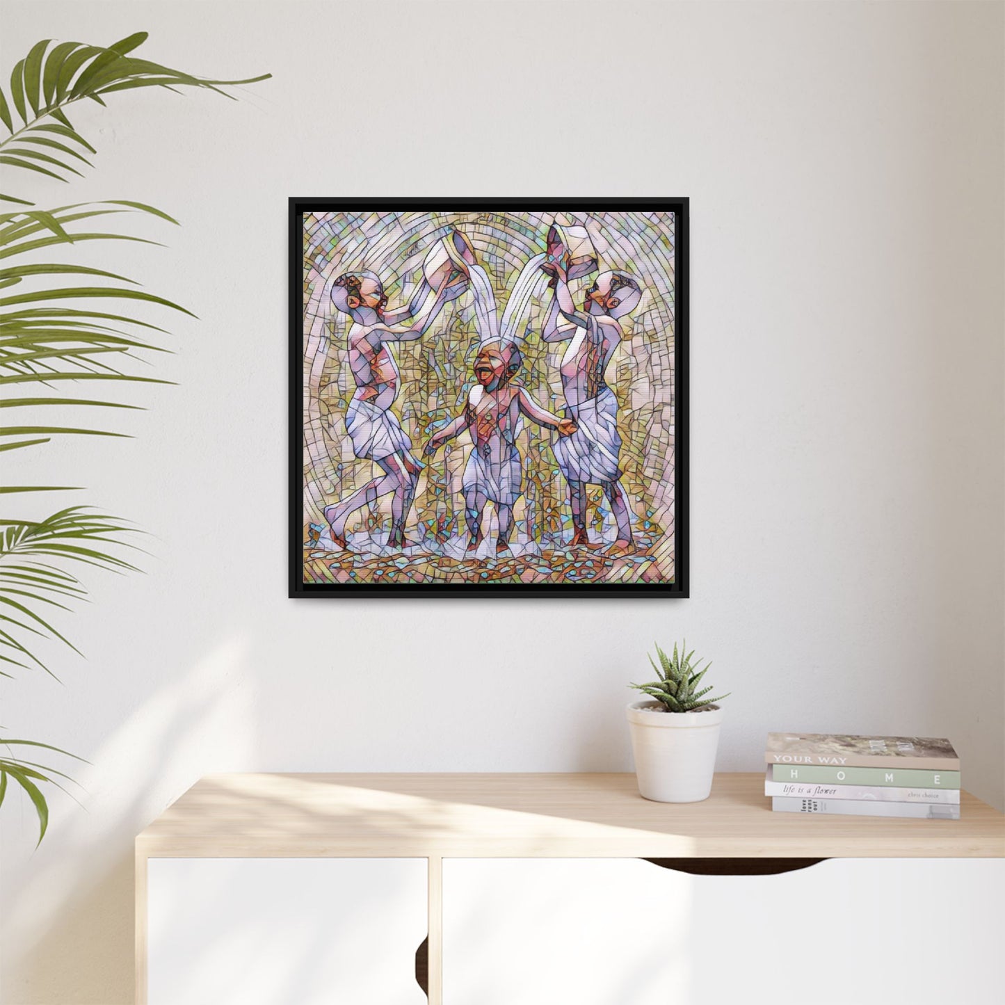 Framed Matte Canvas Art – Joyful Water Dance Family Stained-Glass Print