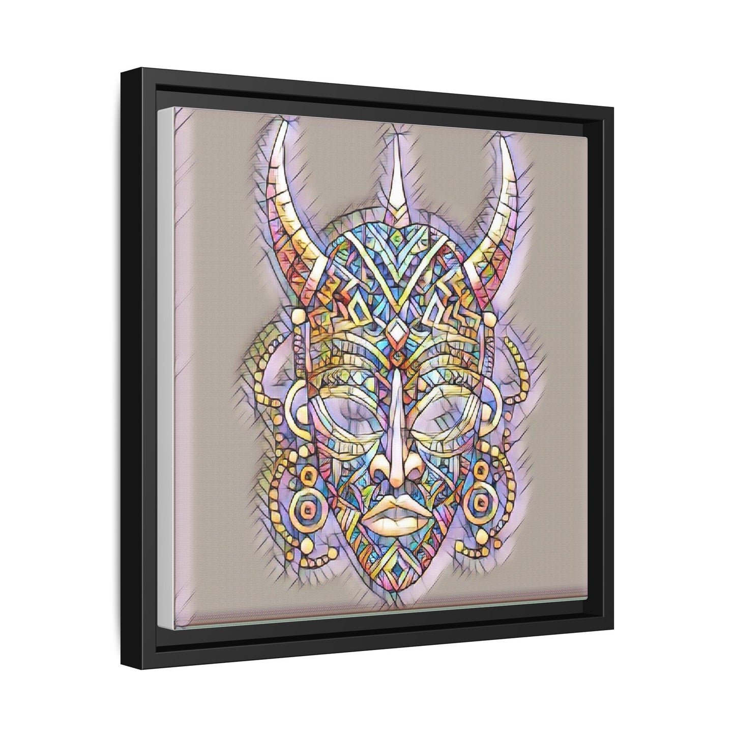 Colorful Tribal Mask Framed Canvas Art — Abstract Ethnic Wall Decor