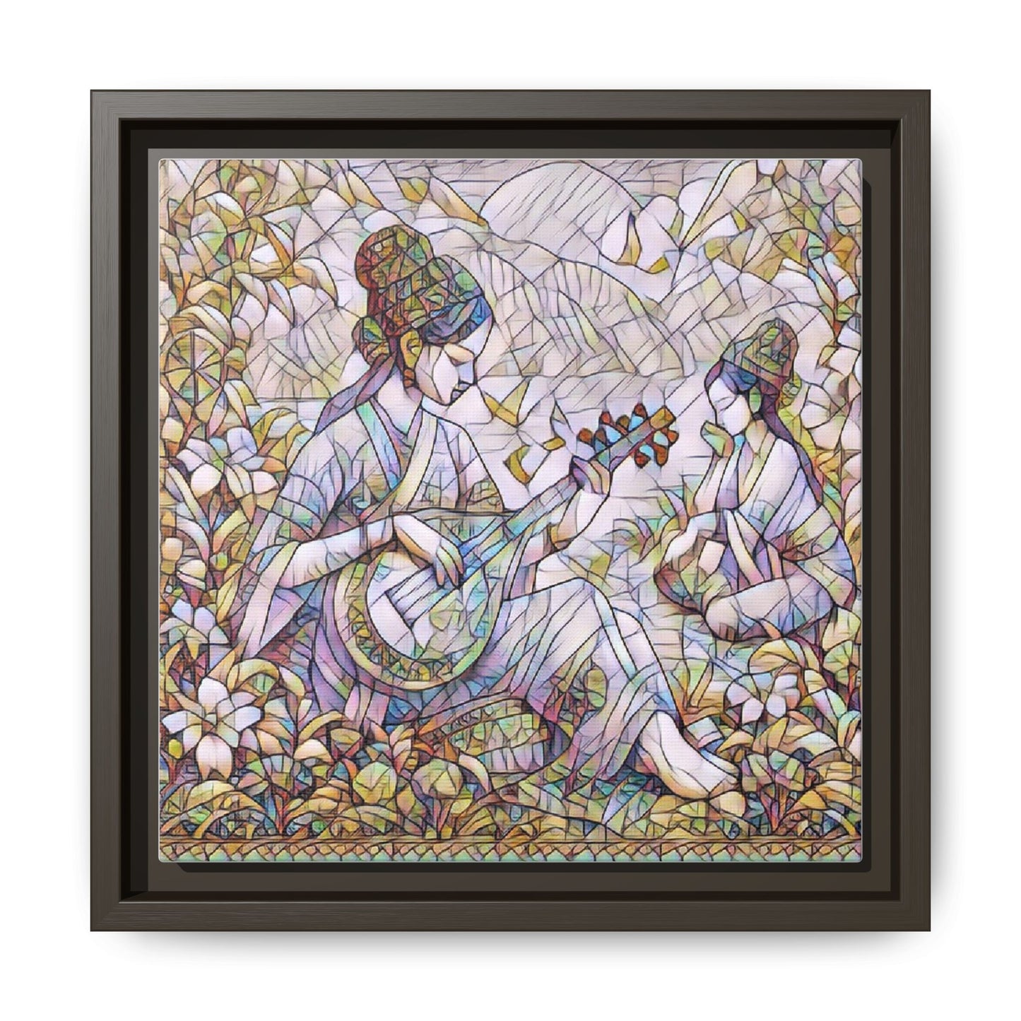 Framed Matte Canvas Art - Vintage Asian Musicians Floral Illustration