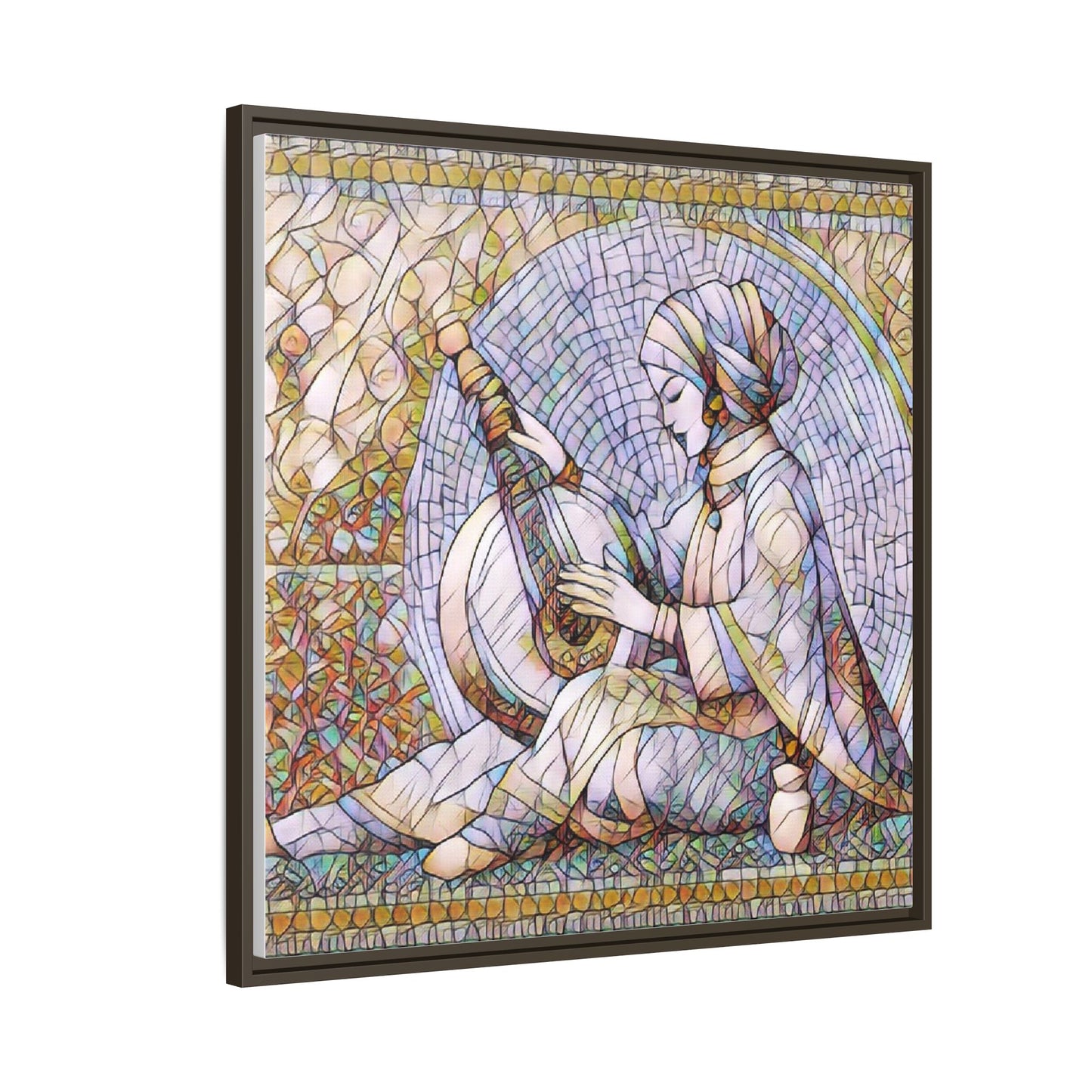 Framed Matte Canvas: Mosaic Lute Player Wall Art — Bohemian Musical Portrait