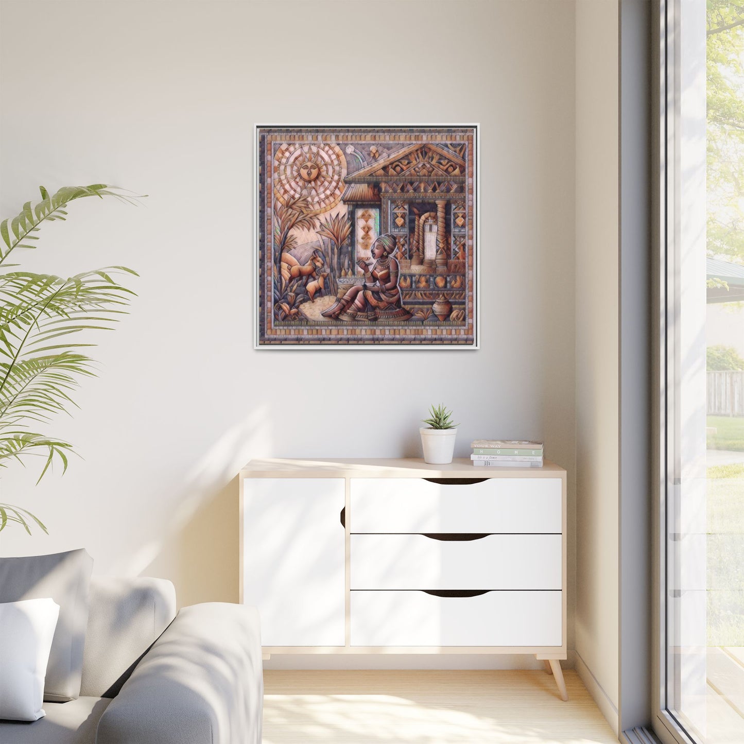 Egyptian Goddess Mosaic Framed Canvas Art — Colorful Ancient Ritual Wall Decor