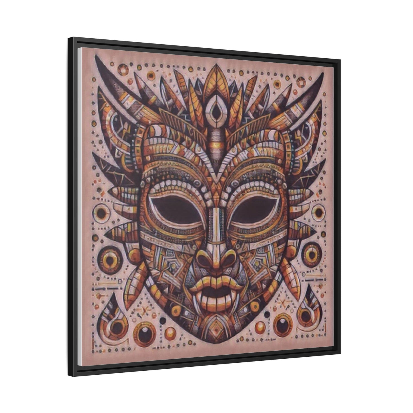 Tribal Mask Framed Canvas Art — Multicolor Matte Wall Decor