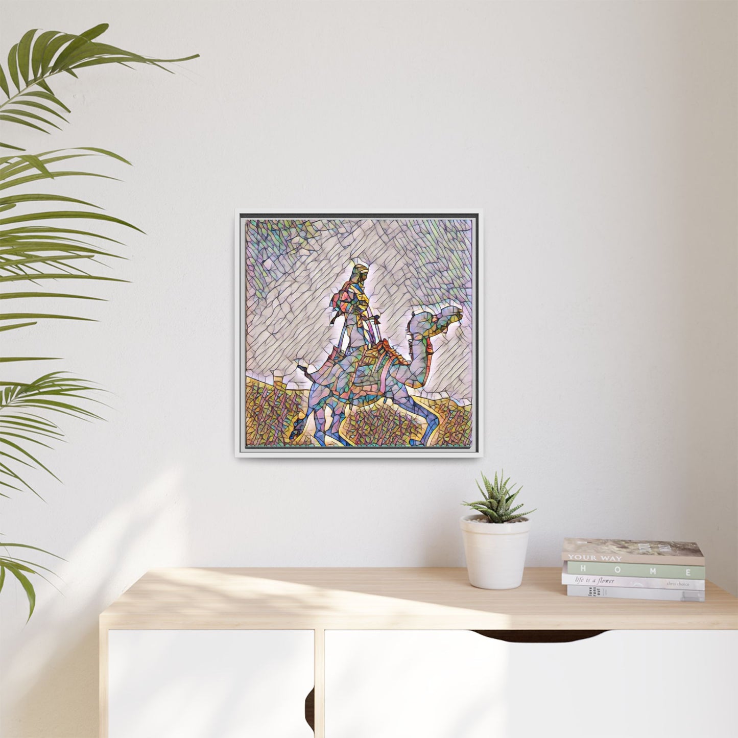 Framed Camel Rider Matte Canvas Art — Colorful Mosaic Desert Wall Decor