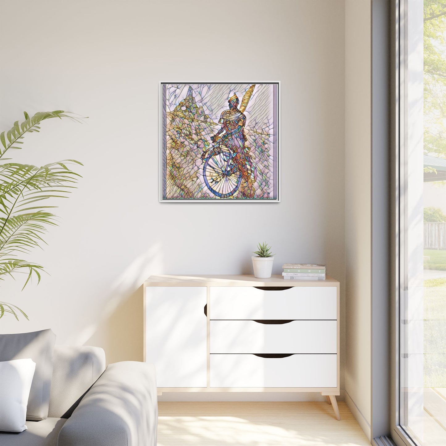 Cyclist Stained Glass Art Print — Framed Matte Canvas