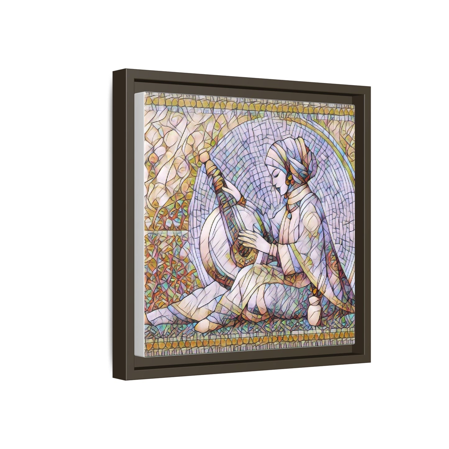 Framed Matte Canvas: Mosaic Lute Player Wall Art — Bohemian Musical Portrait