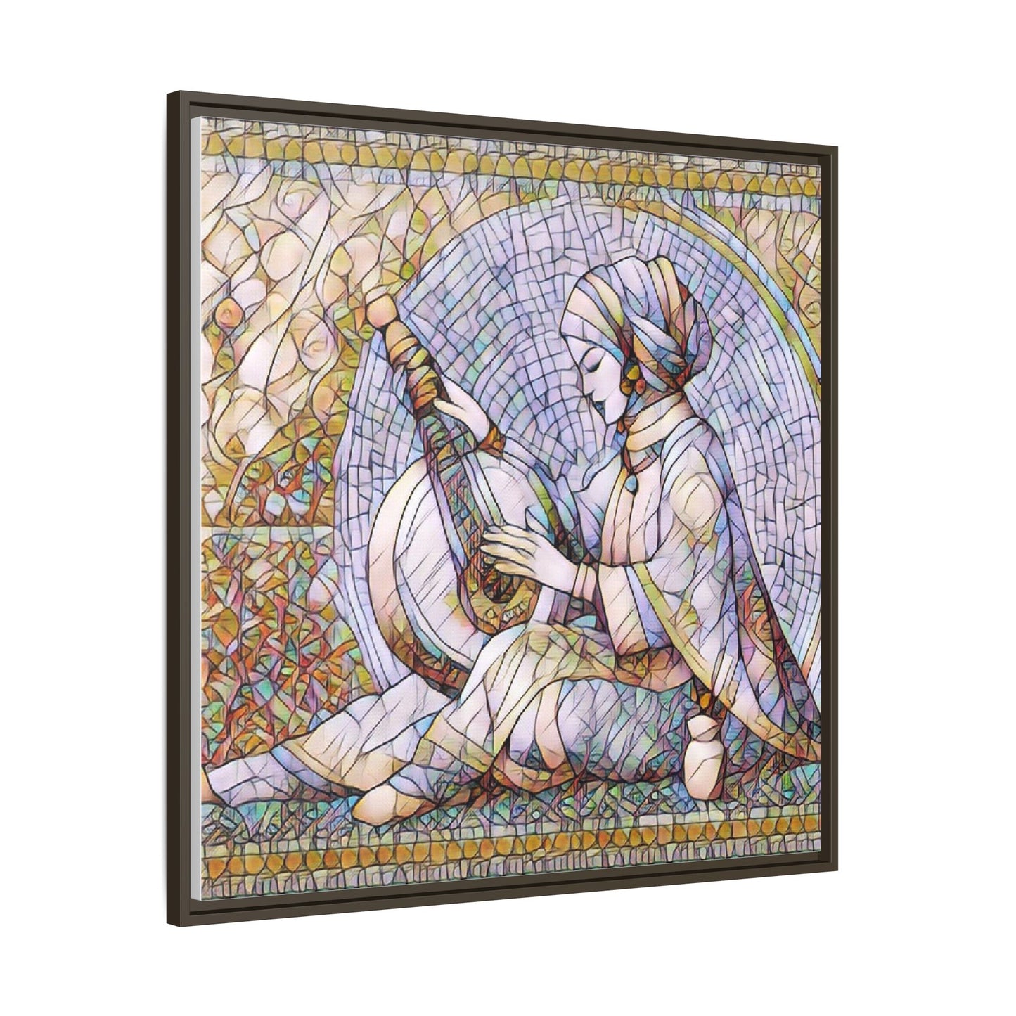 Framed Matte Canvas: Mosaic Lute Player Wall Art — Bohemian Musical Portrait