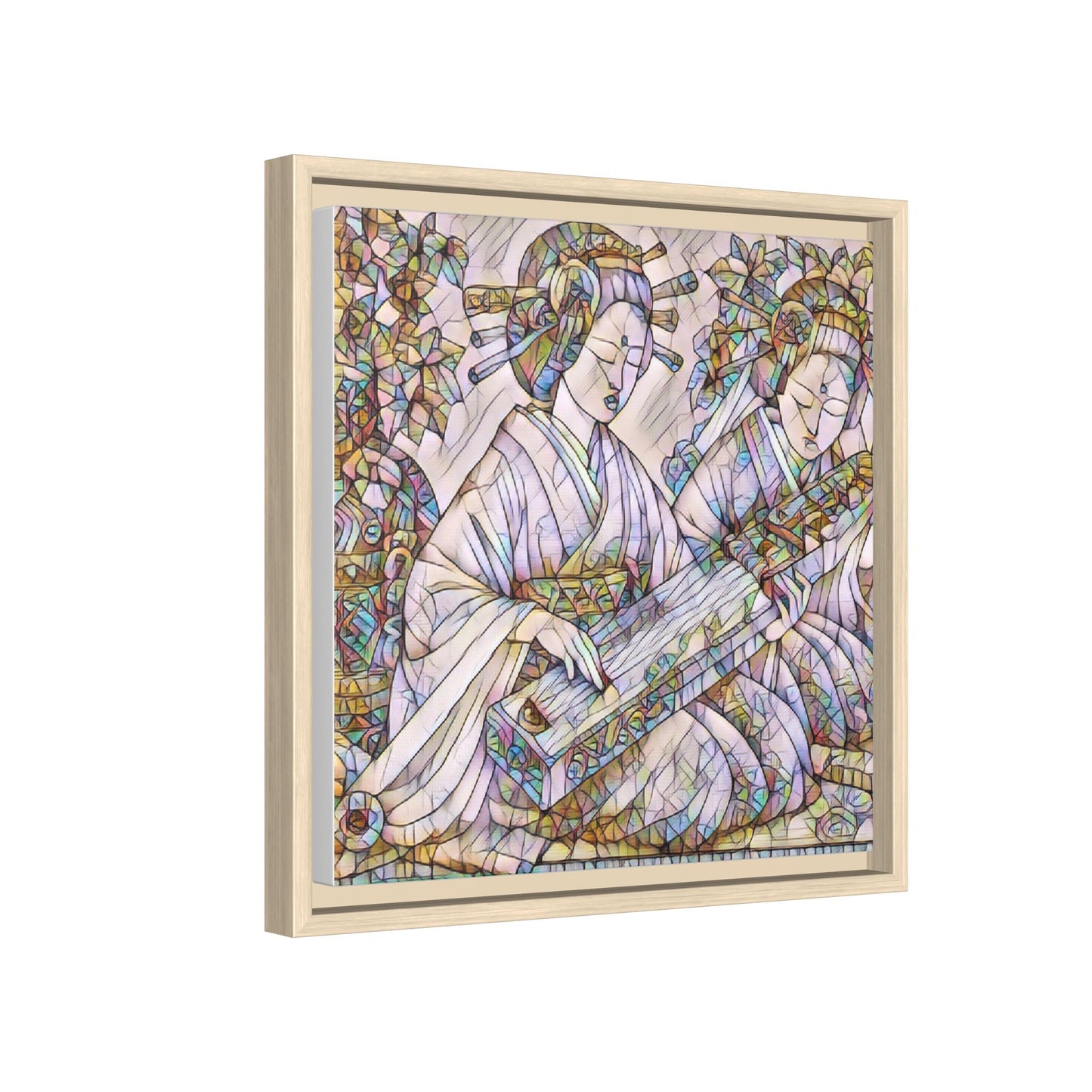Framed Matte Canvas Print — Stained-Glass Geisha Duo