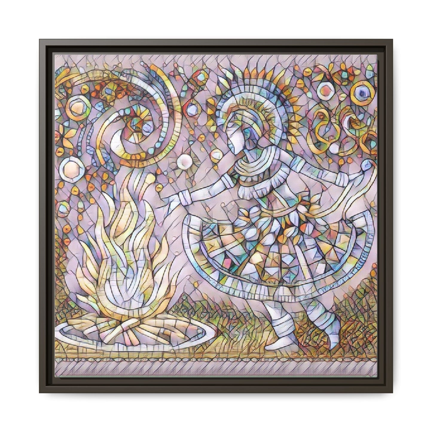 Bohemian Fire Dancer Framed Canvas Art — Colorful Folk Mosaic Wall Decor