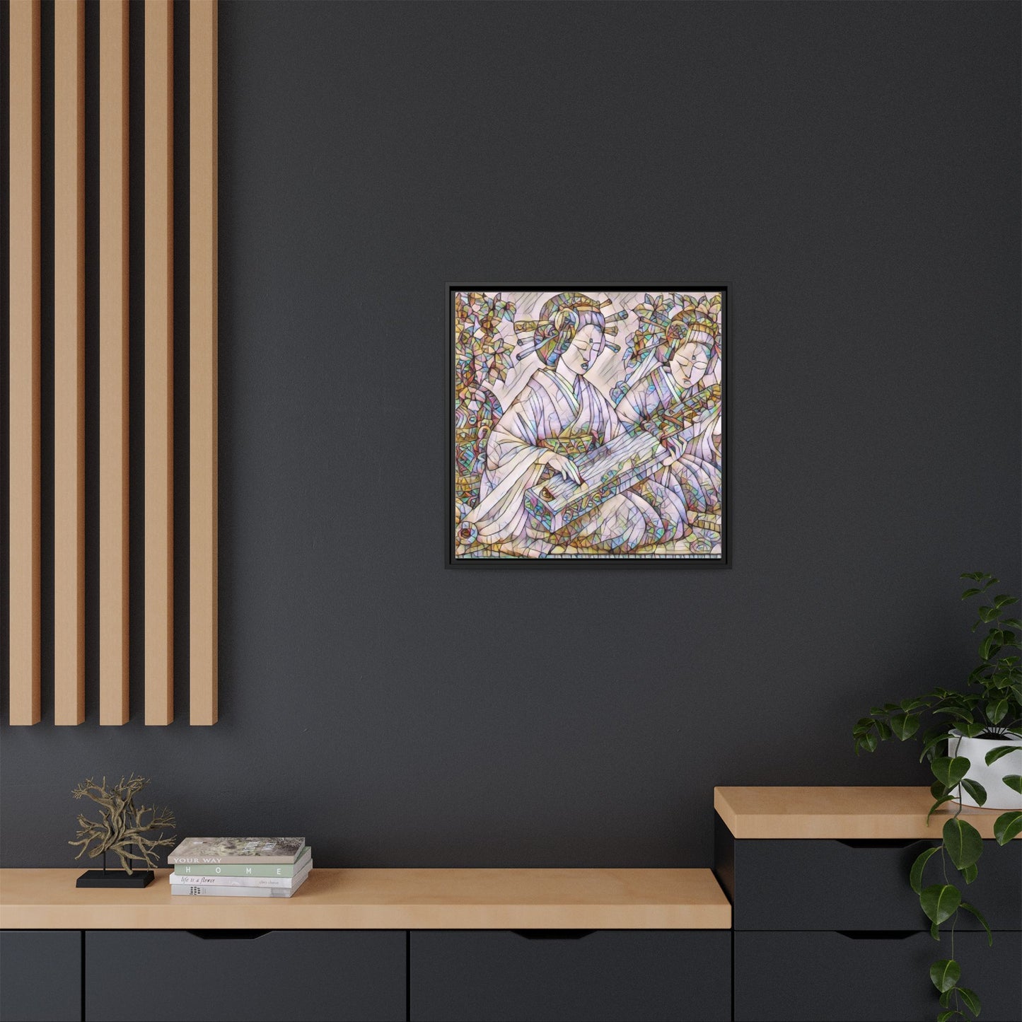 Framed Matte Canvas Print — Stained-Glass Geisha Duo
