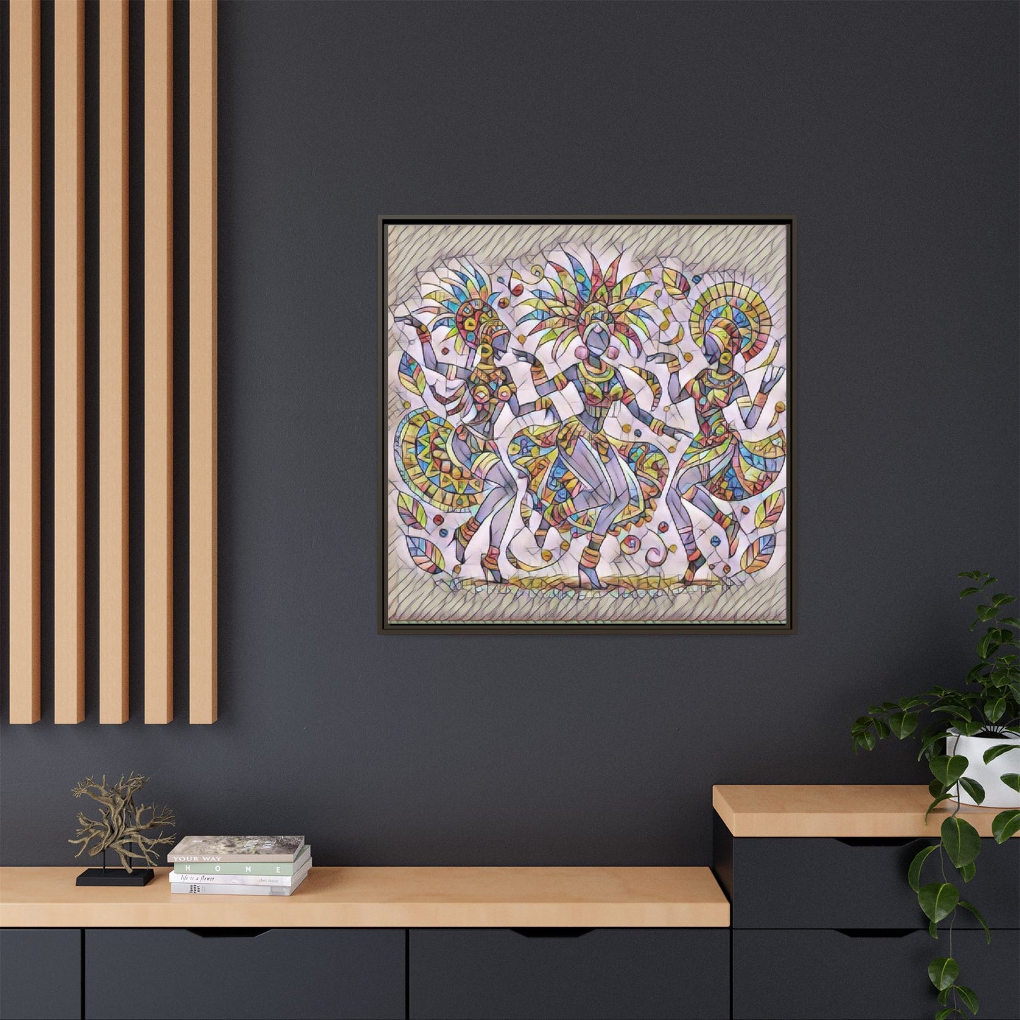 Colorful Carnival Dancers Framed Canvas Art — Multicolor Tribal Celebration Print