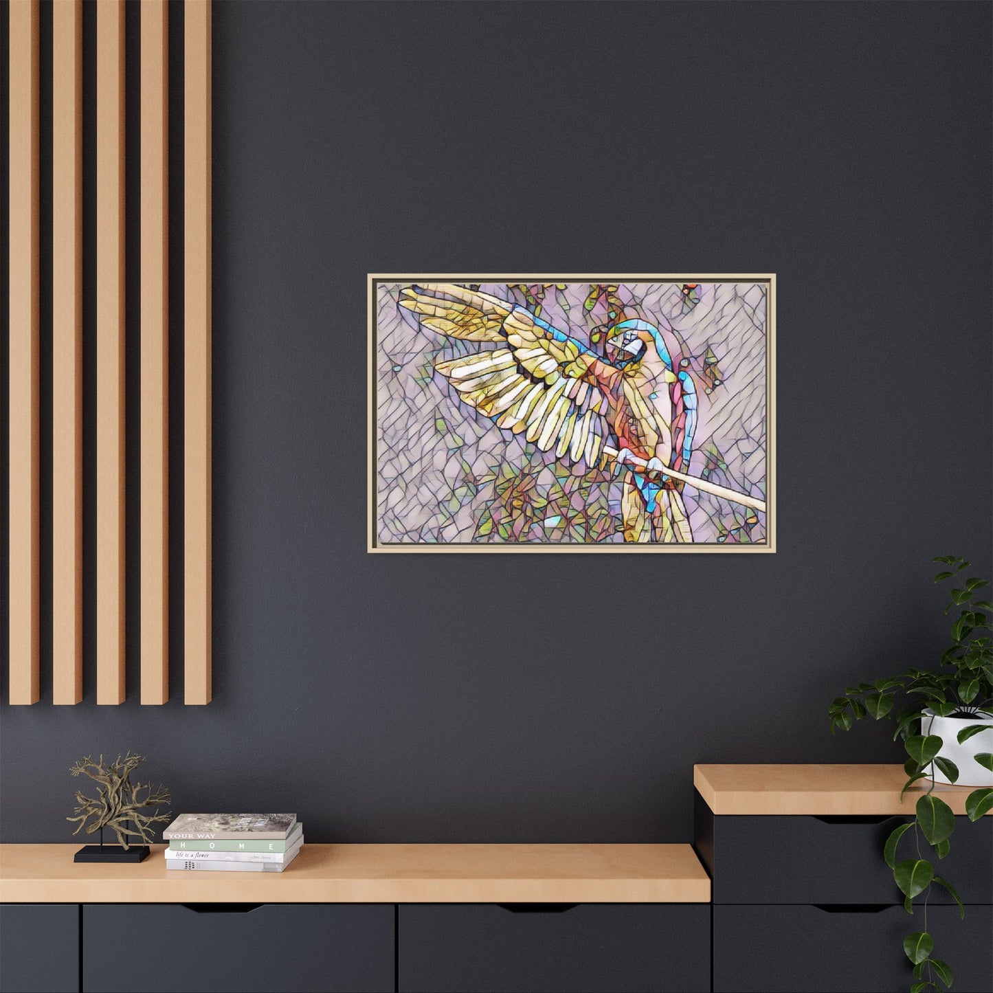Framed Parrot Stained-Glass Art Print — Matte Canvas Wall Decor