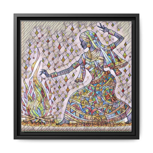 Framed Matte Canvas - Mosaic Tribal Woman by Fire (Multi‑Color)