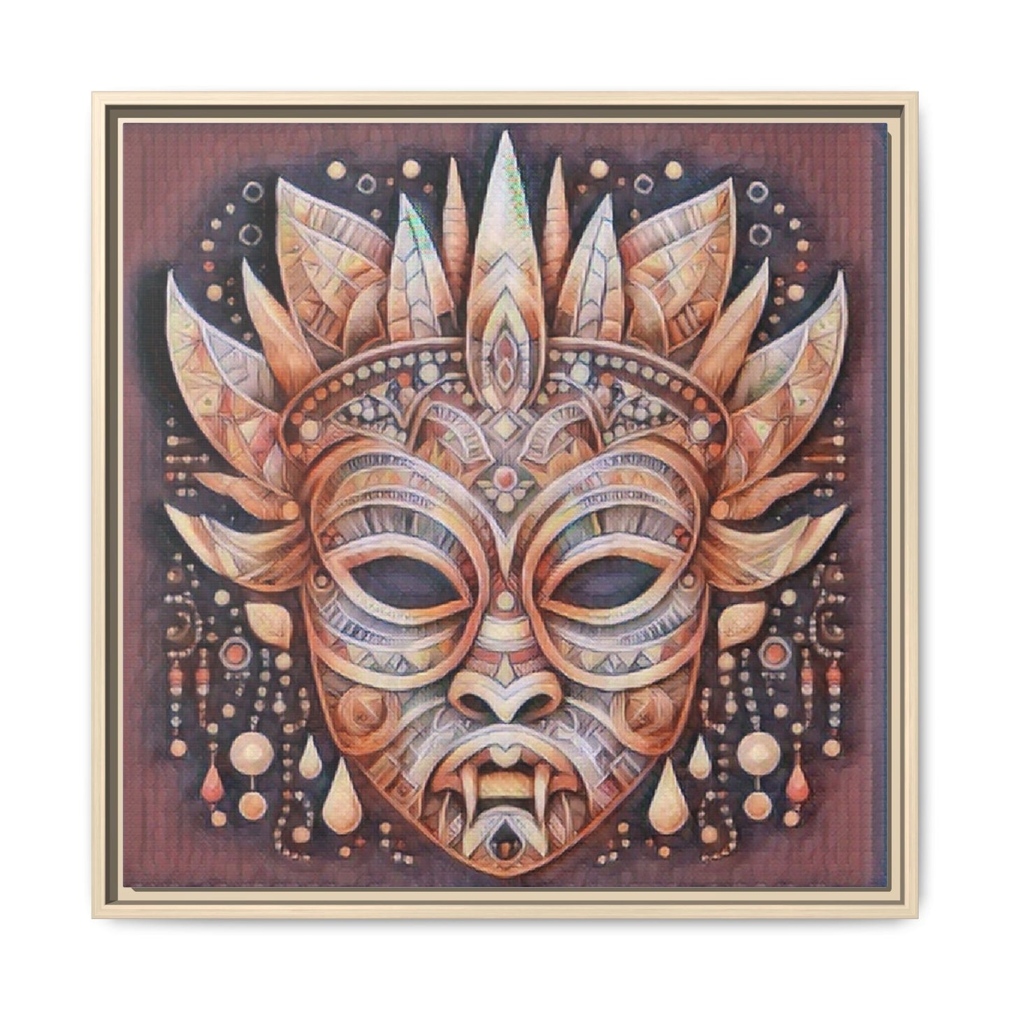 Tribal Sun Mask Framed Canvas Art — Boho Ethnic Wall Decor