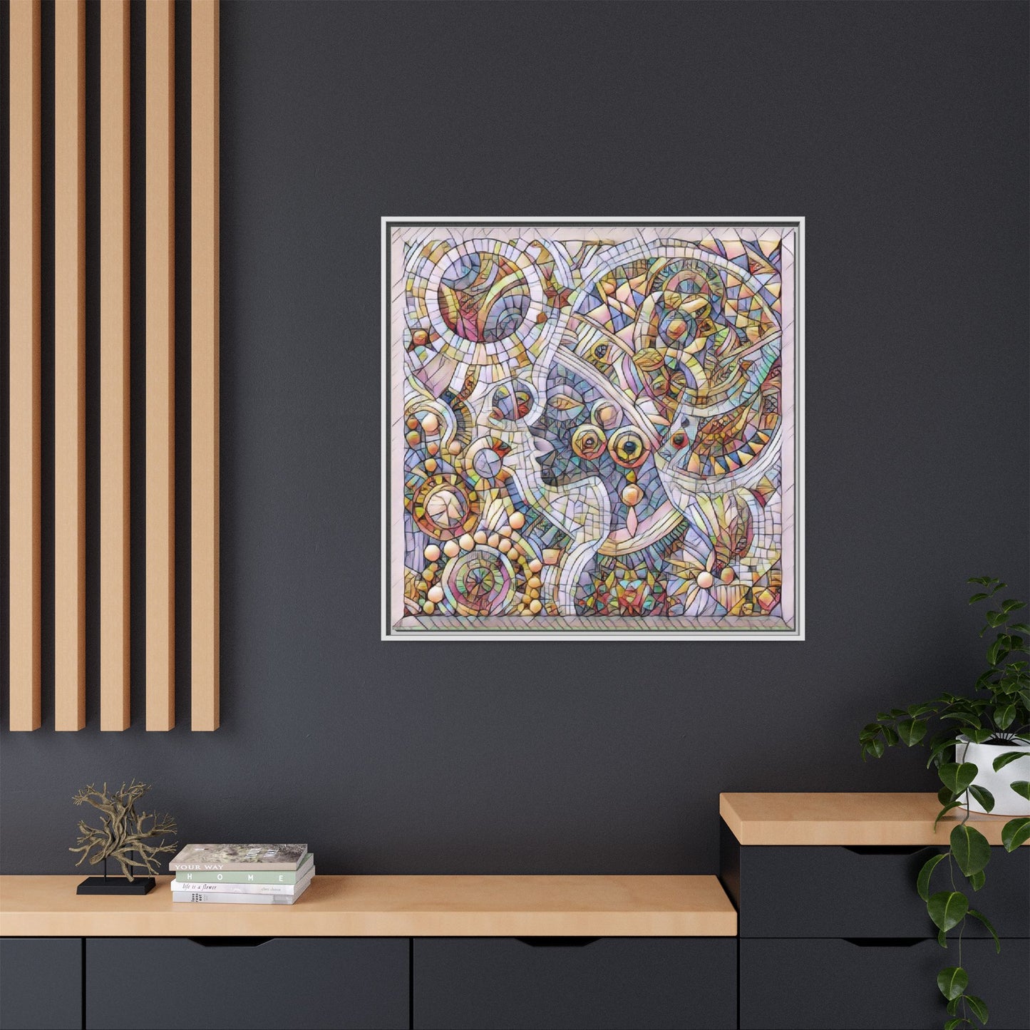 Abstract Mosaic Framed Canvas Art — Multicolor Geometric Wall Decor