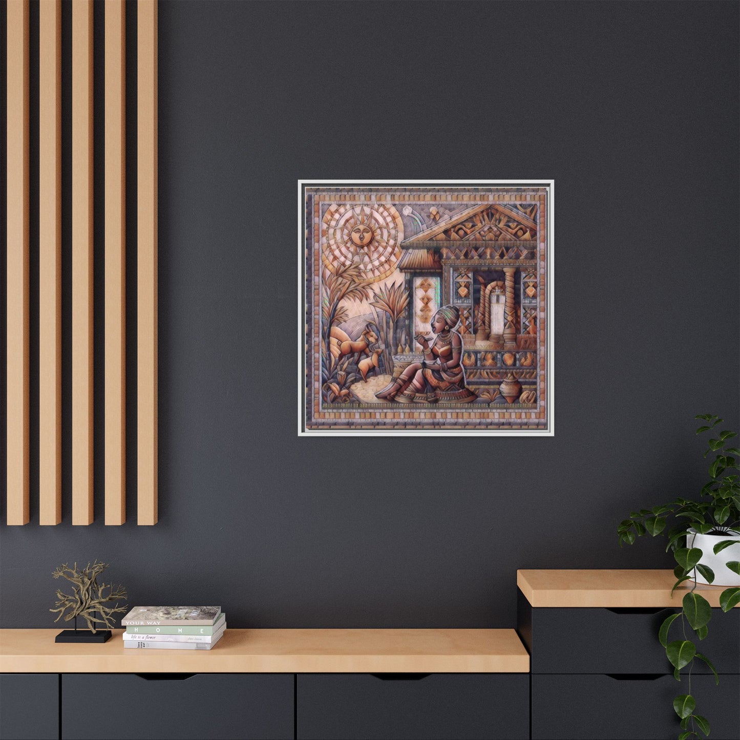 Egyptian Goddess Mosaic Framed Canvas Art — Colorful Ancient Ritual Wall Decor