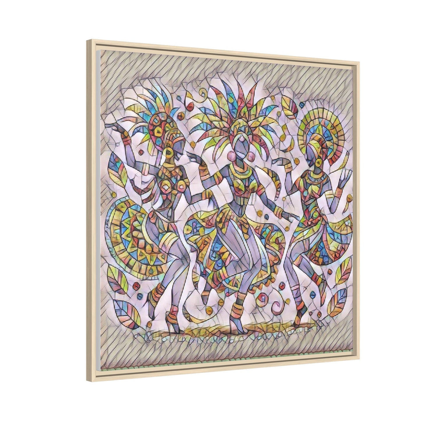 Colorful Carnival Dancers Framed Canvas Art — Multicolor Tribal Celebration Print