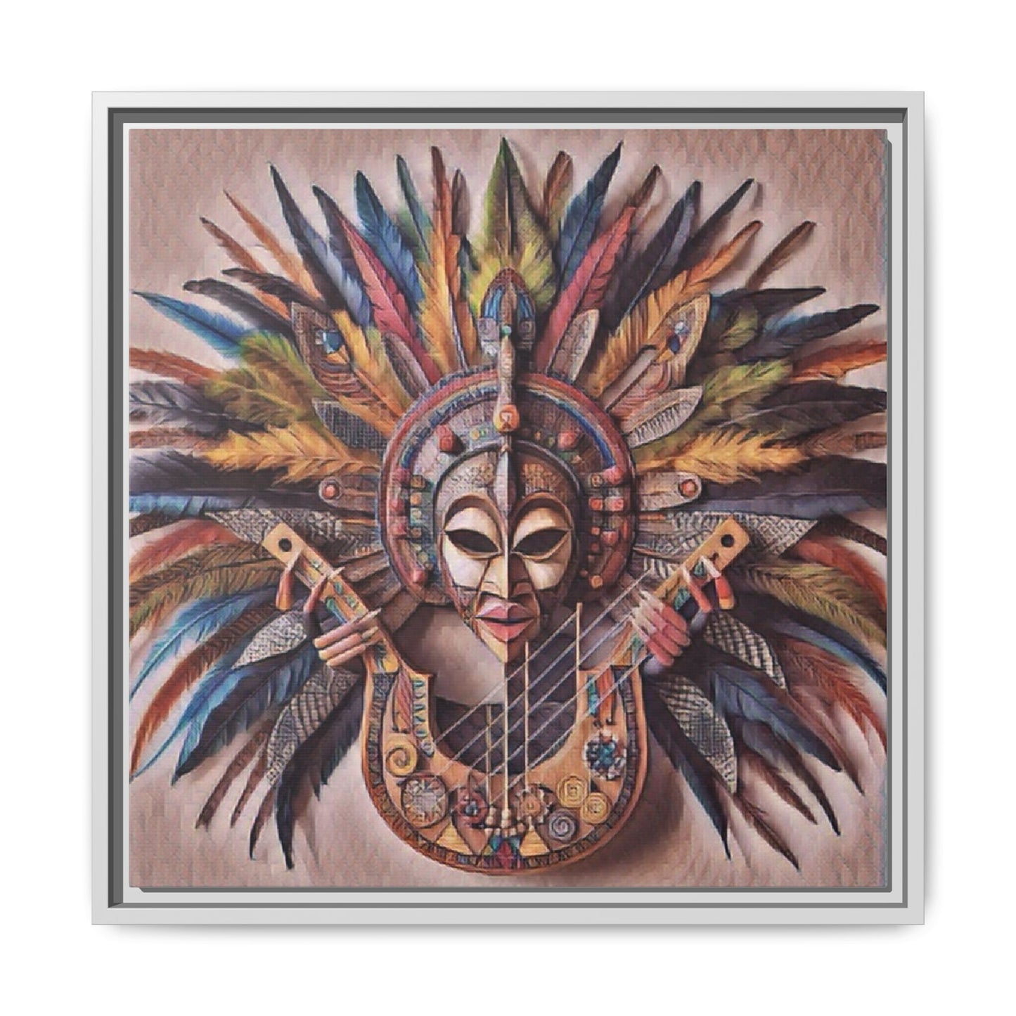 Tribal Feather Mask Guitar Framed Canvas Art — Colorful Boho Wall Decor