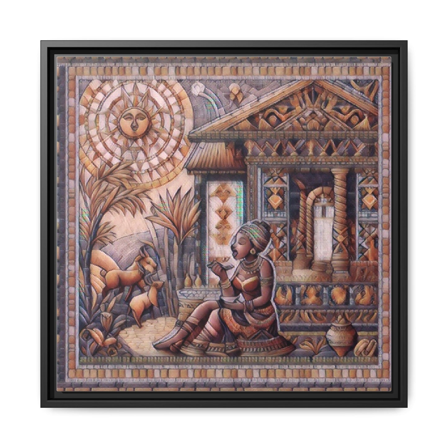 Egyptian Goddess Mosaic Framed Canvas Art — Colorful Ancient Ritual Wall Decor