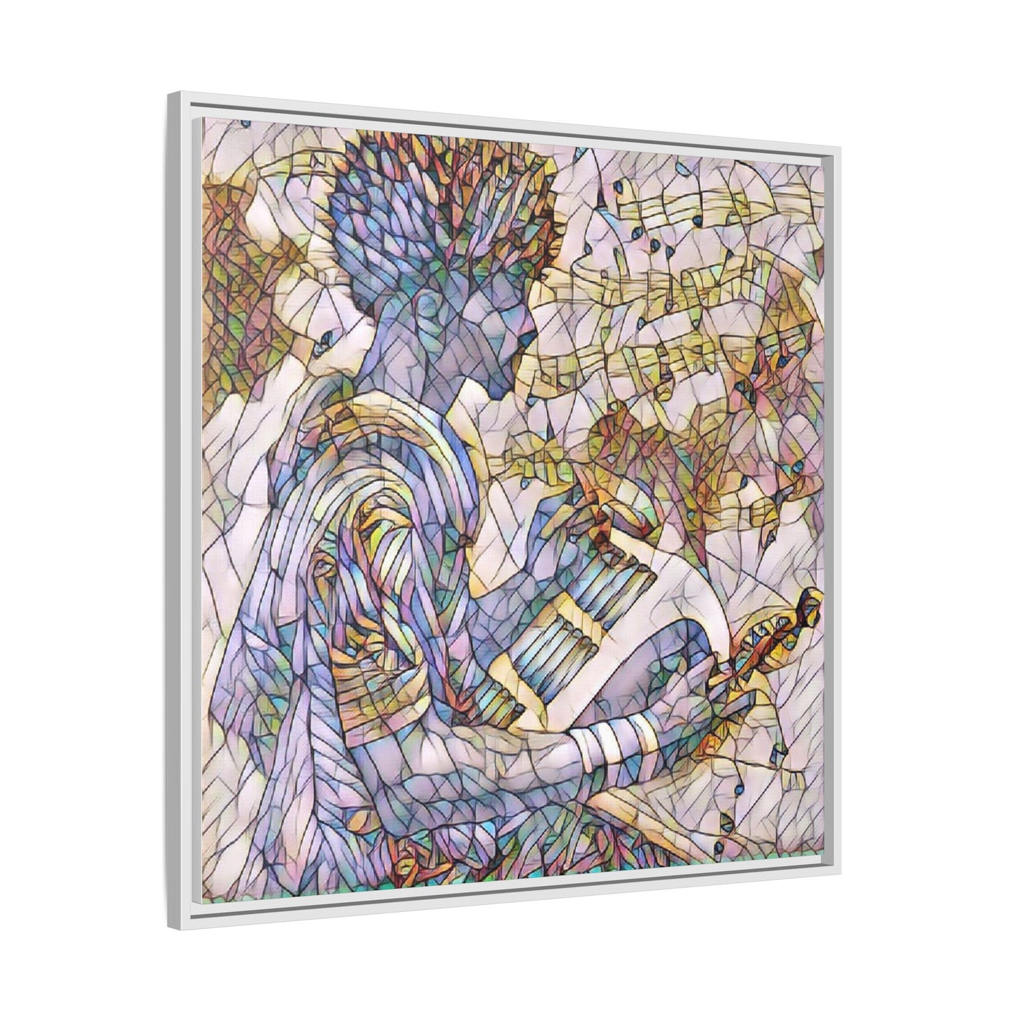 Abstract Jazz Musician Framed Canvas Art — Colorful Stained-Glass Style Wall Decor