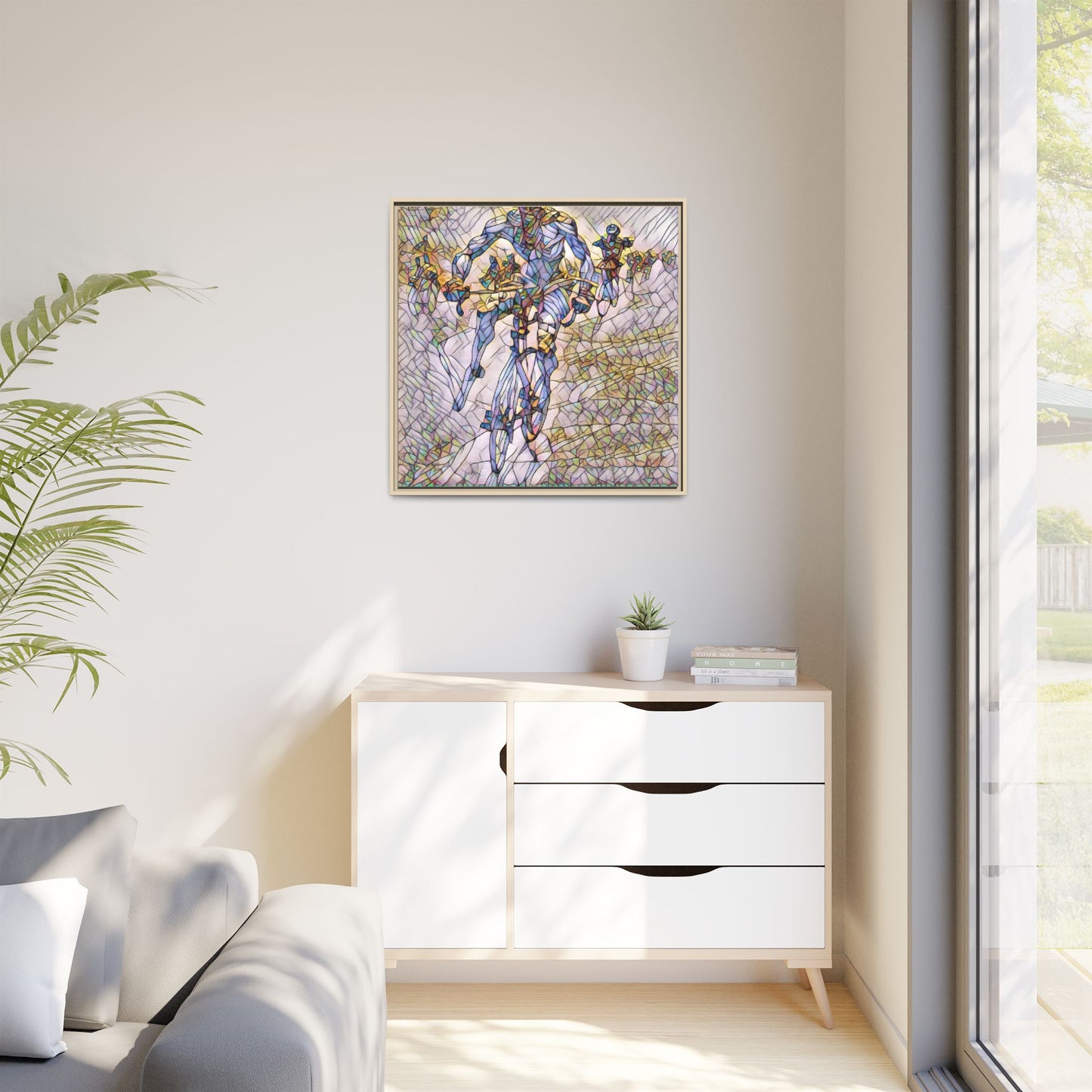 Abstract Cyclist Matte Canvas Framed Art — Colorful Stained-Glass Bike Print