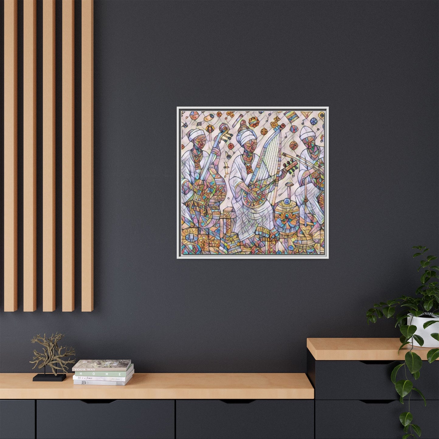 Framed Matte Canvas Print — Colorful African Musicians Stained-Glass Art
