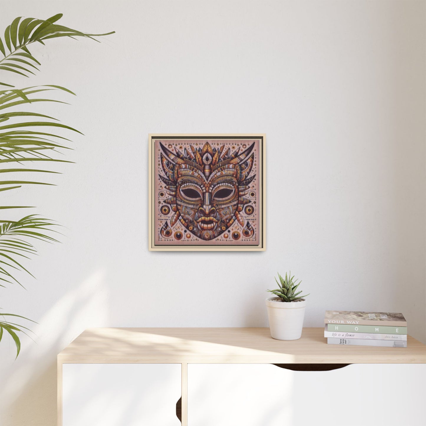 Tribal Mask Framed Canvas Art — Multicolor Matte Wall Decor