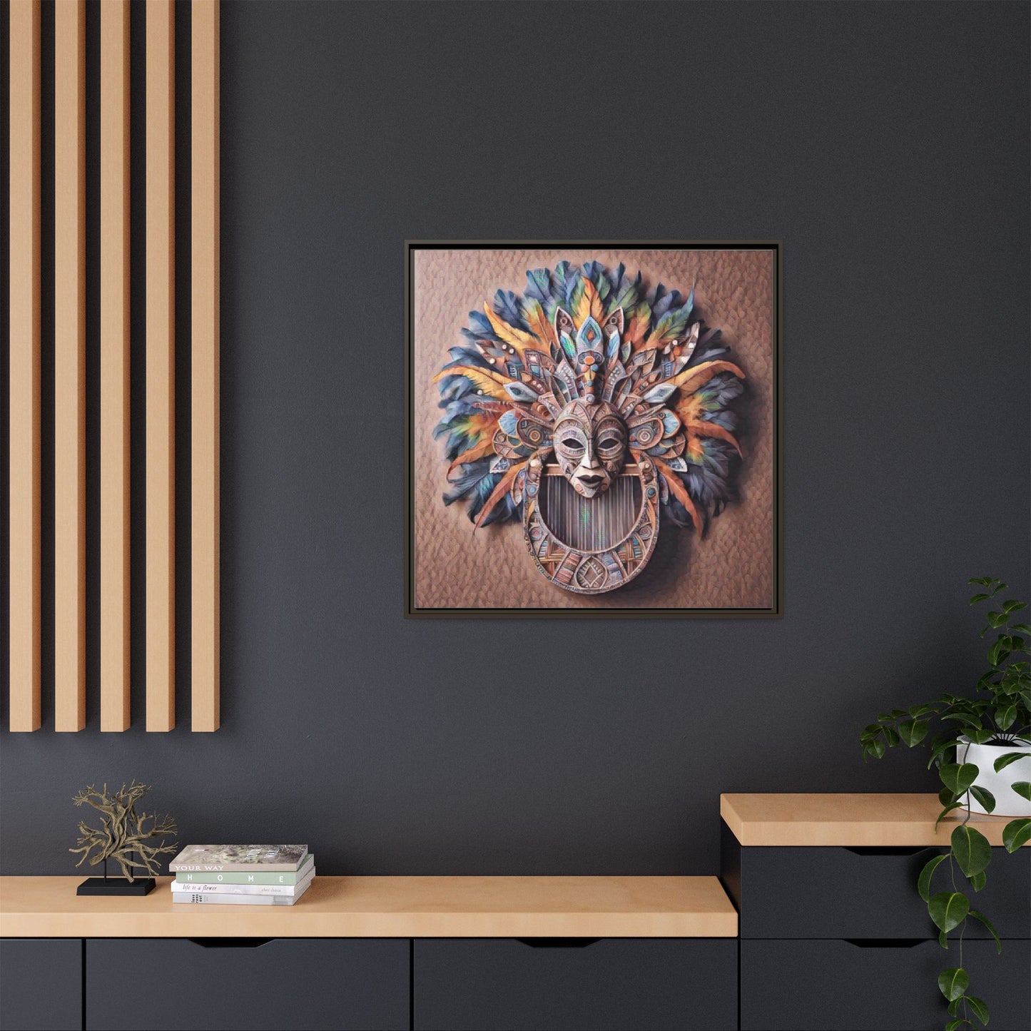 Tribal Feather Mask Framed Canvas Wall Art — Colorful Boho Decorative Print