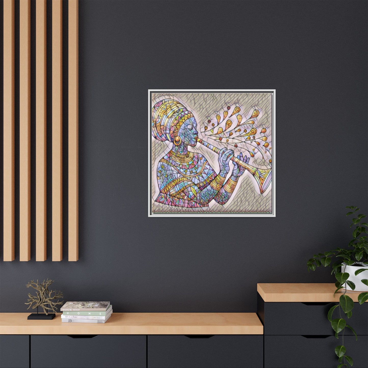 Framed Matte Canvas Art – Colorful African Musician Trumpet Print